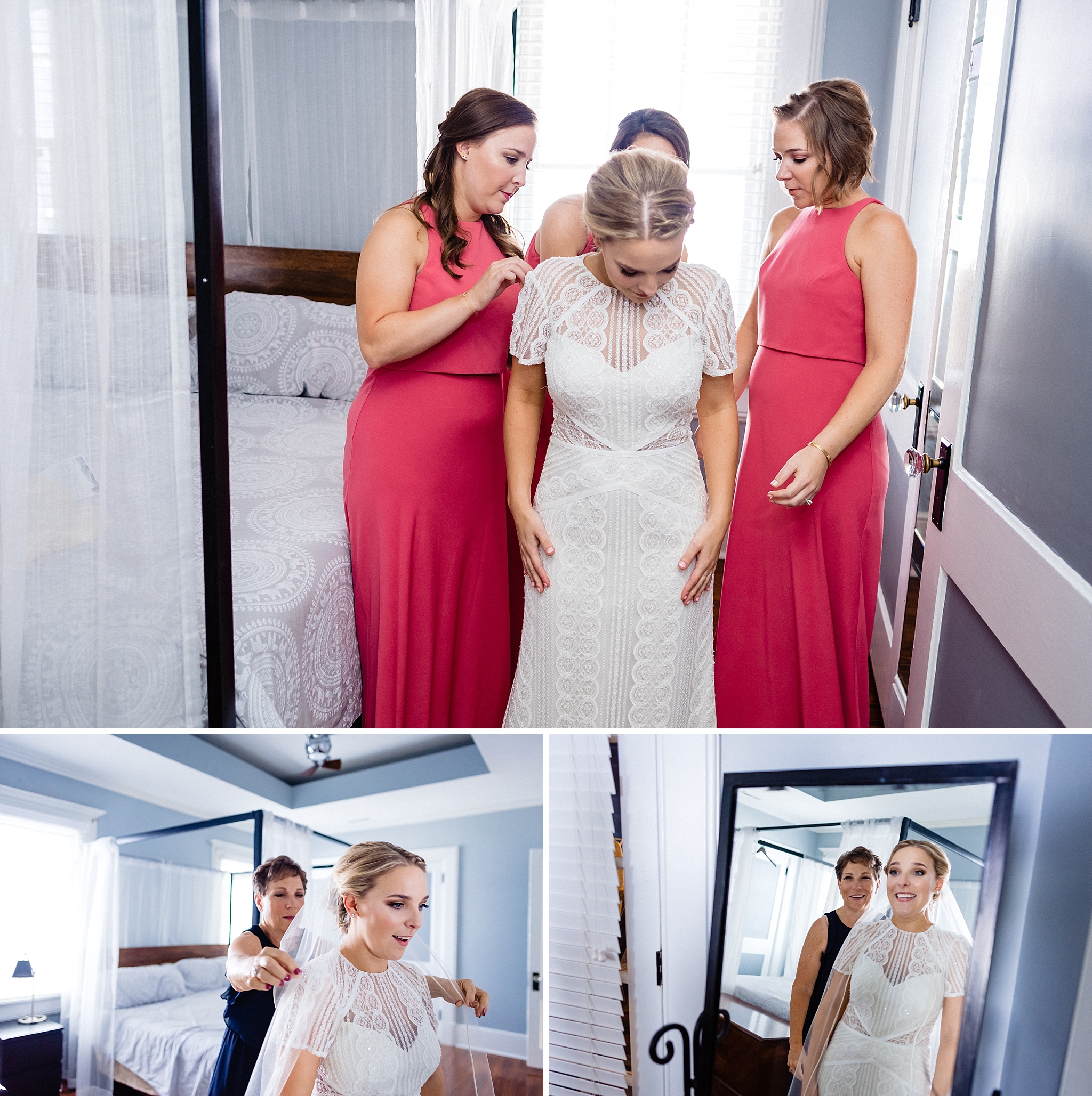 Bridesmaids and mother of the bride help the bride into her wedding dress with sleeves and her veil from Raleigh wedding photographers