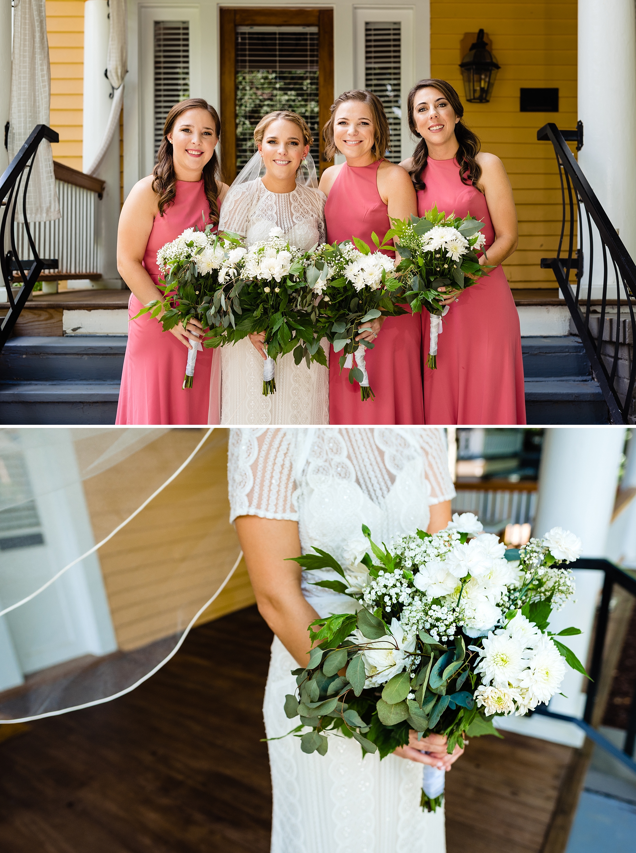 A bride and her bridesmaids, in pink dresses, pose for portraits before the wedding in the Historic Oakwood neighborhood of Raleigh, NC