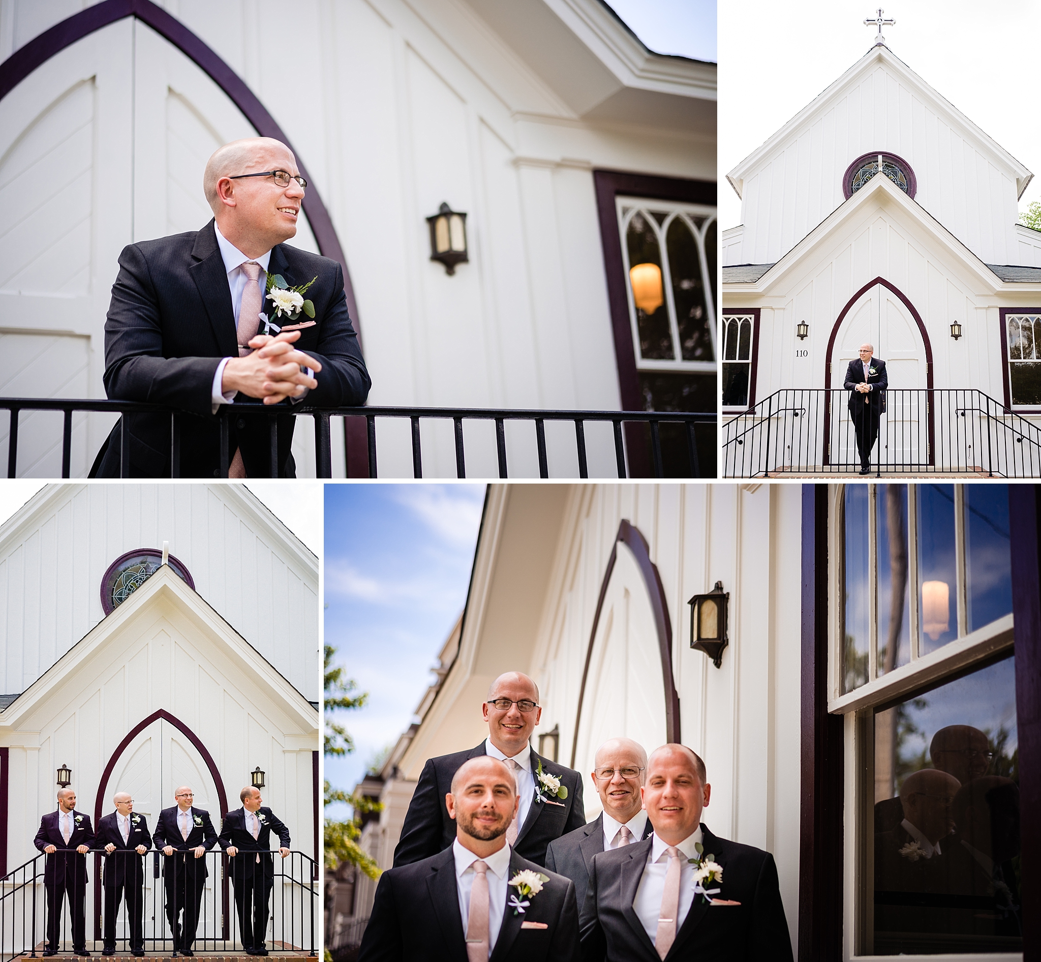 Groom and groomsmen pose for portraits outside of All Saints Chapel Raleigh