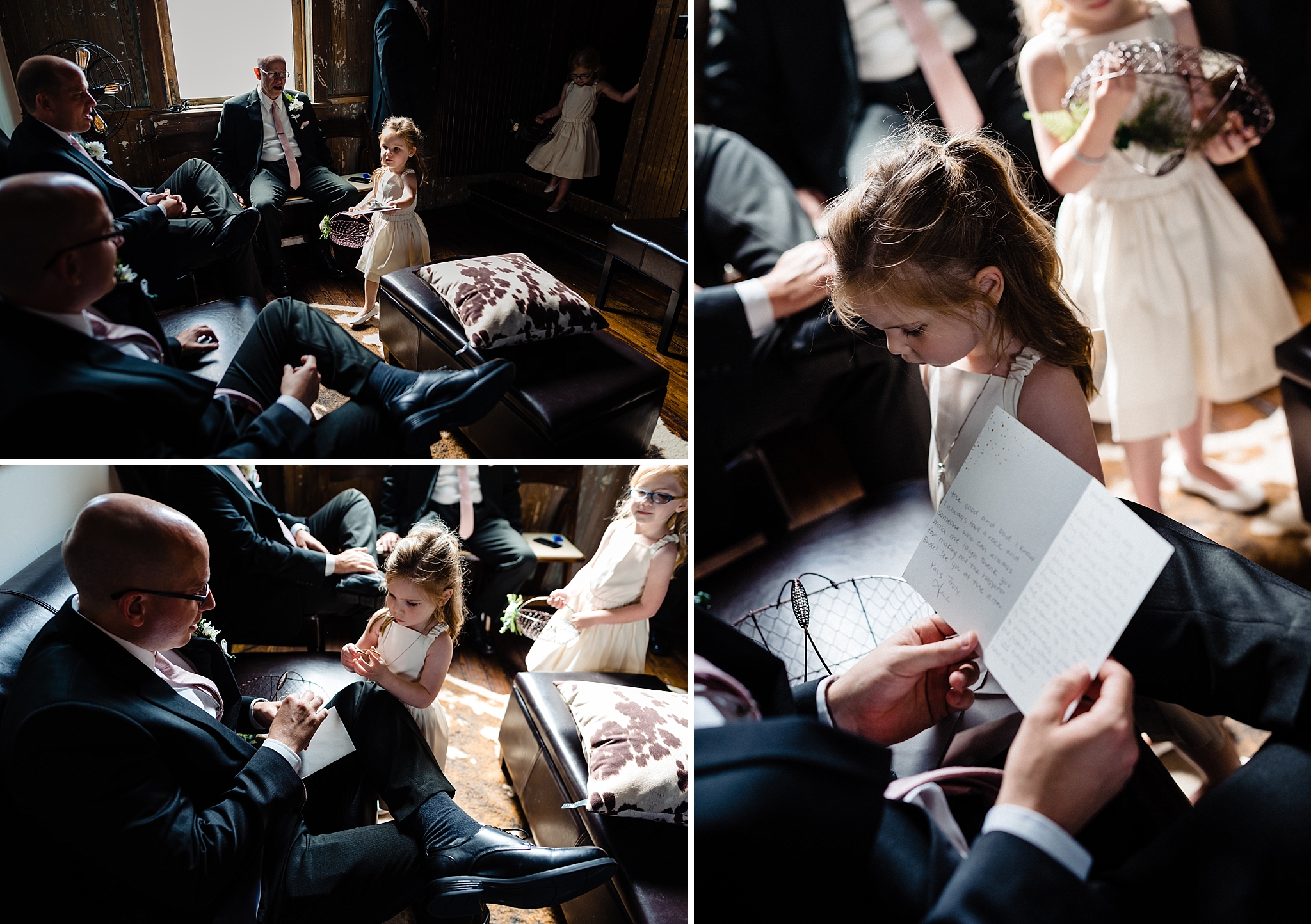 Flower girl delivers a gift to the groom. It's a handwritten letter from the bride. 
