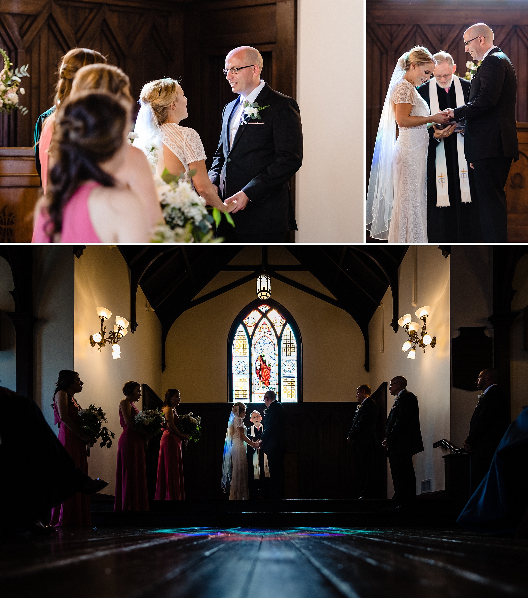 During an All Saints Chapel wedding ceremony, the sun streams through the stained glass window
