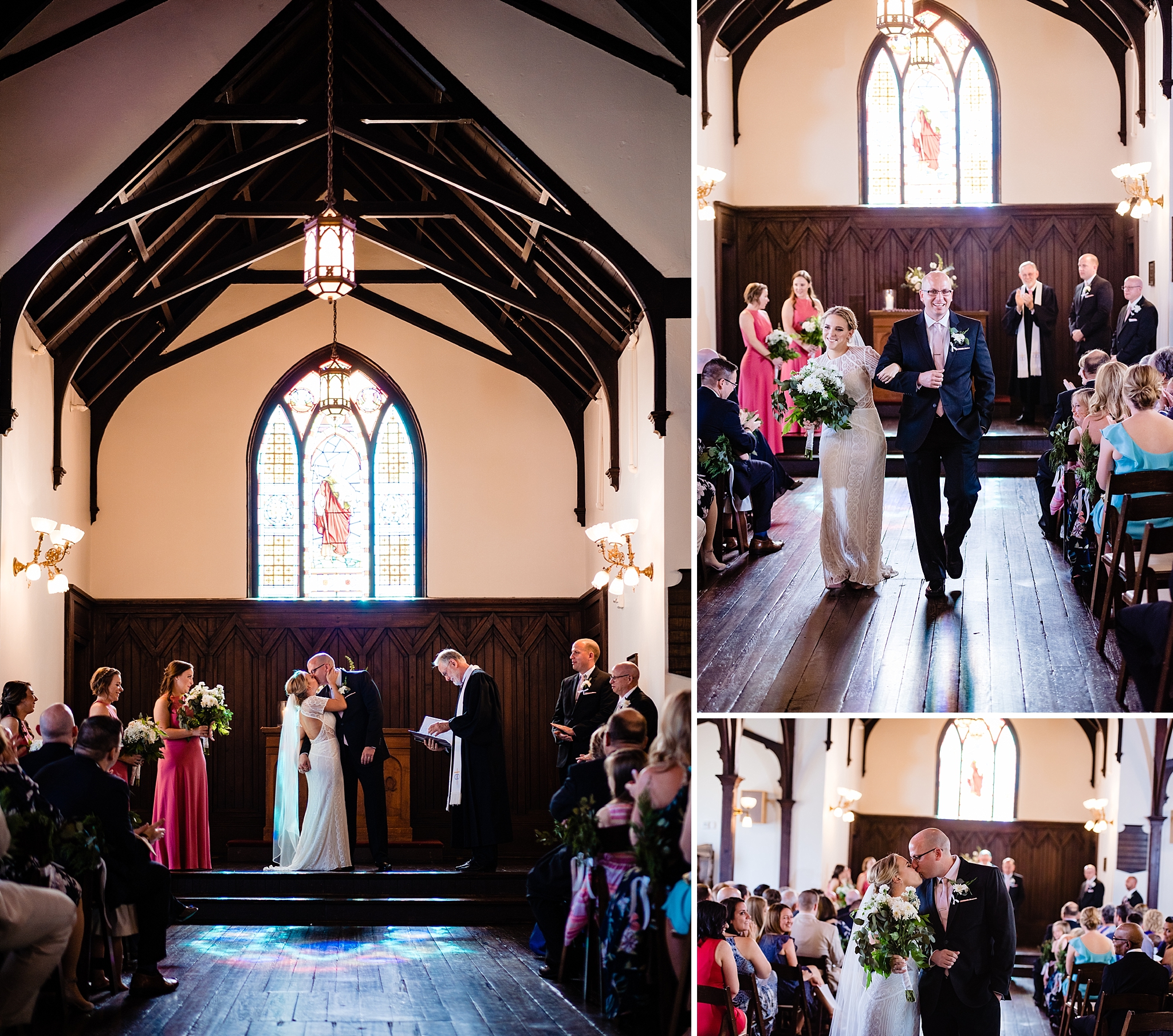 Bride and groom kiss and recess down the aisle during their All Saints Chapel Wedding ceremony