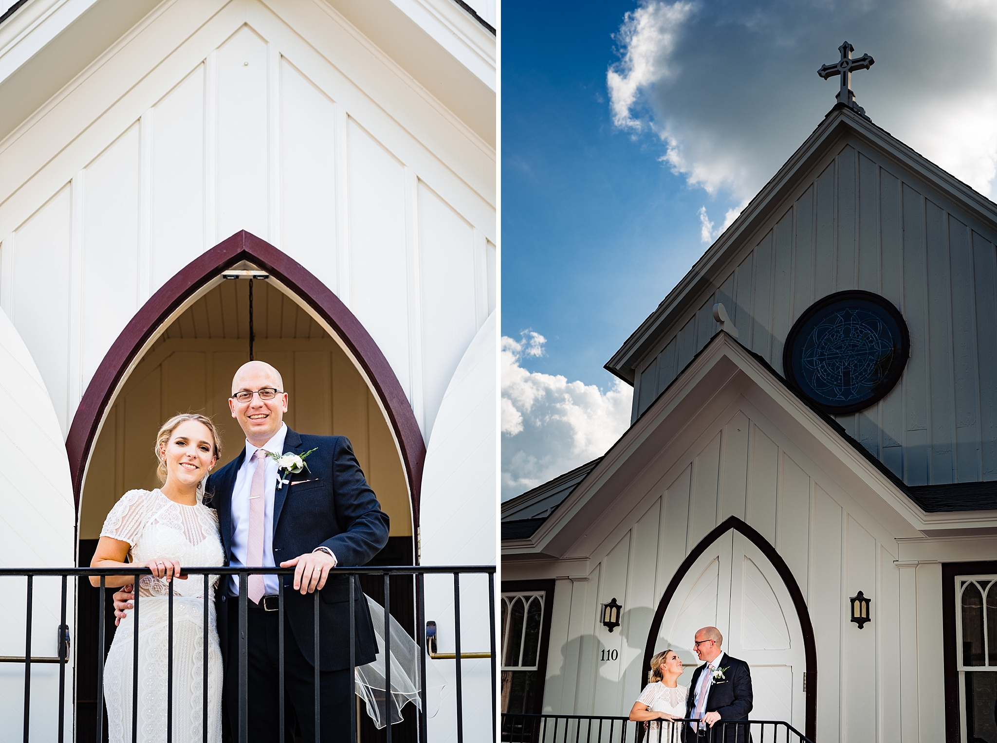The bride and groom pose outside of All Saints Chapel at this Downtown Raleigh Wedding