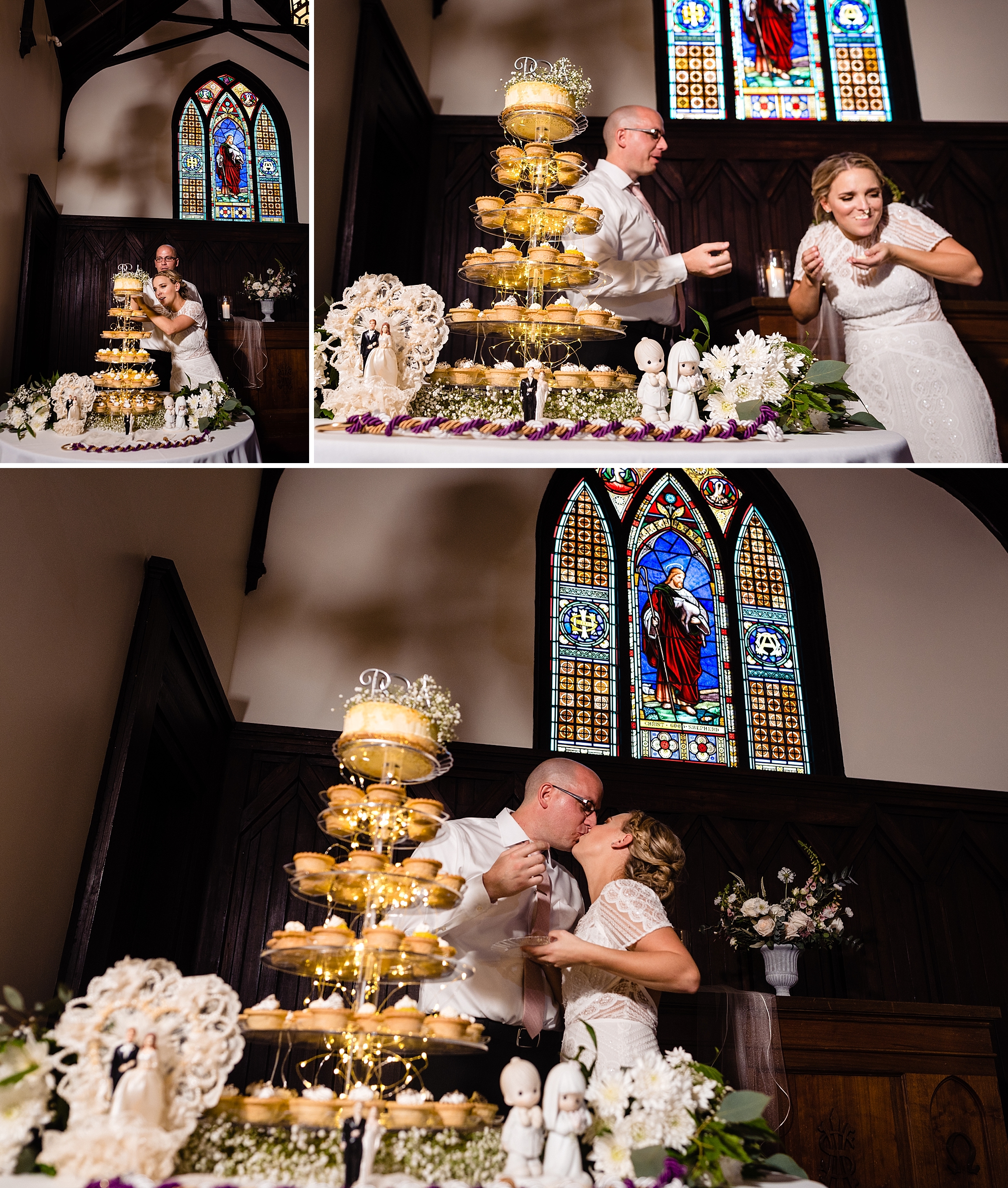 Groom smashes cupcake on bride's face during cake cutting All Saints Chapel from Raleigh wedding photographers