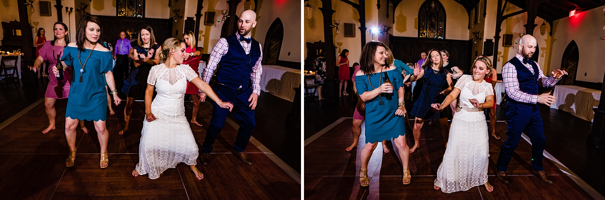 Bride leads The Wobble during a fun wedding reception at All Saints Chapel in downtown Raleigh, NC
