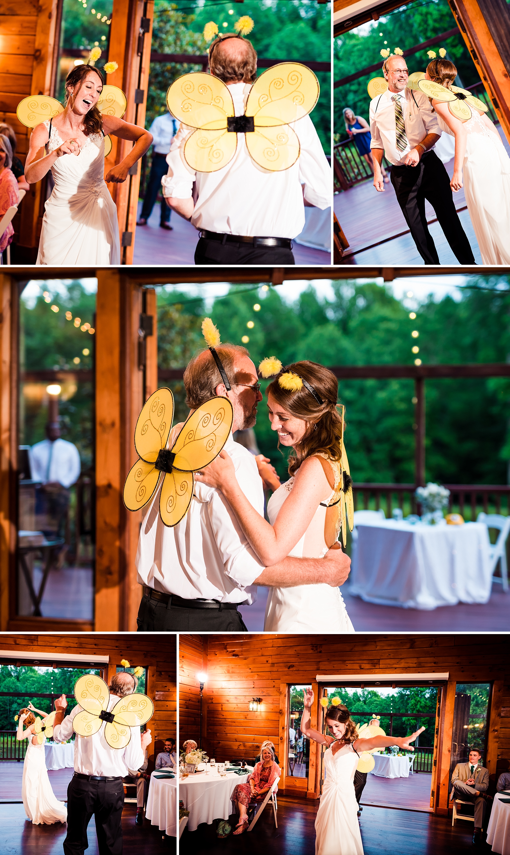 Bride and her father dance to Blind Melon while wearing bumblebee outfits - Barn at Valhalla wedding