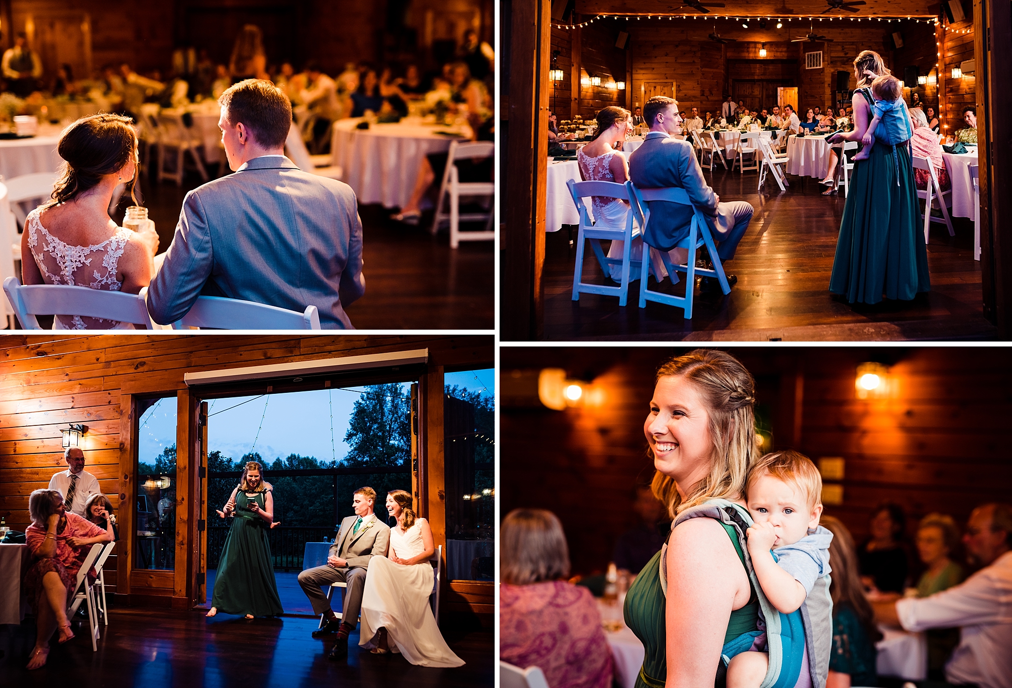 Maid of Honor gives a toast with her baby on her back at a Barn at Valhalla wedding - Chapel Hill wedding photographers