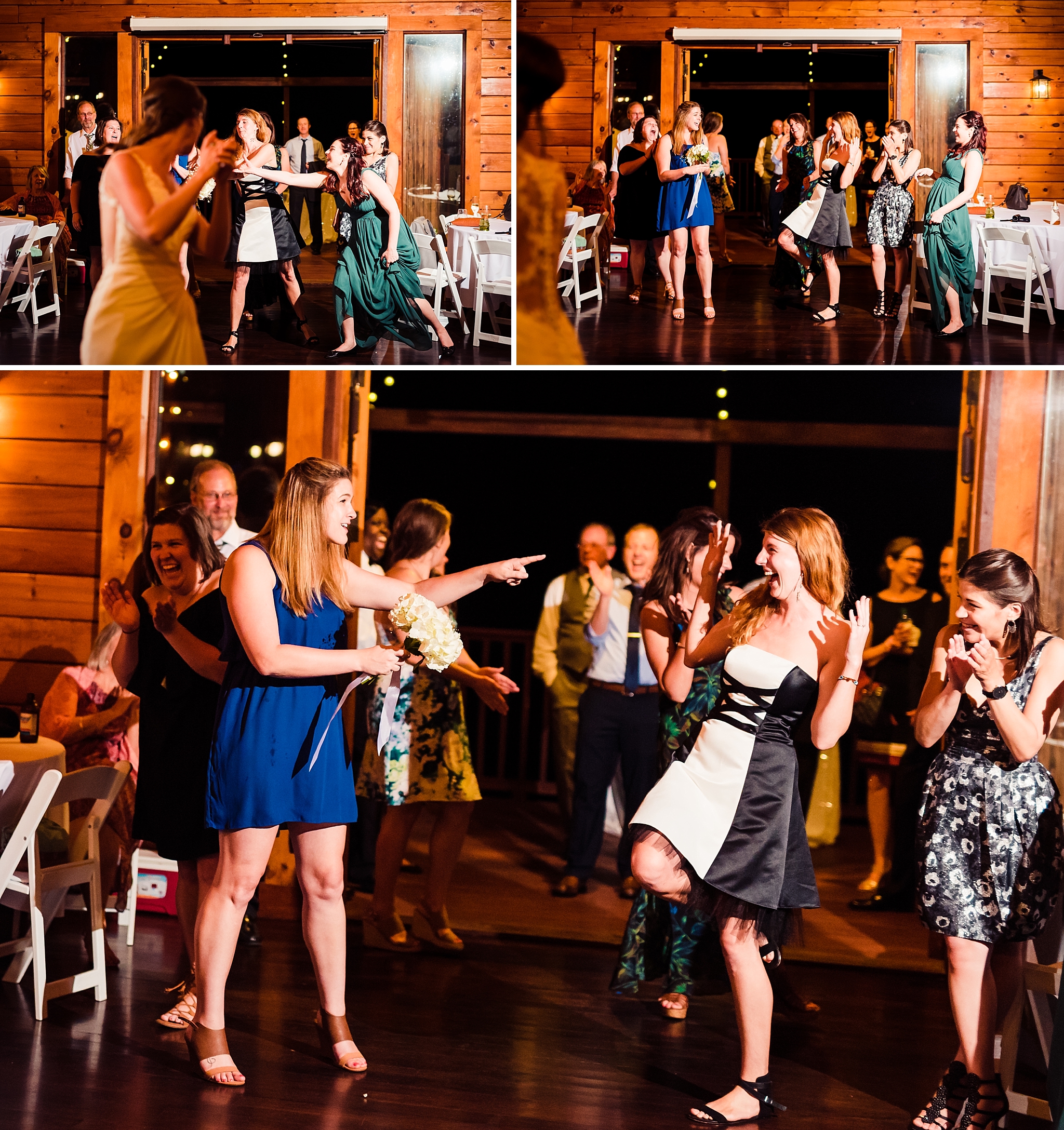bouquet toss at Barn at Valhalla wedding by Raleigh wedding photographers