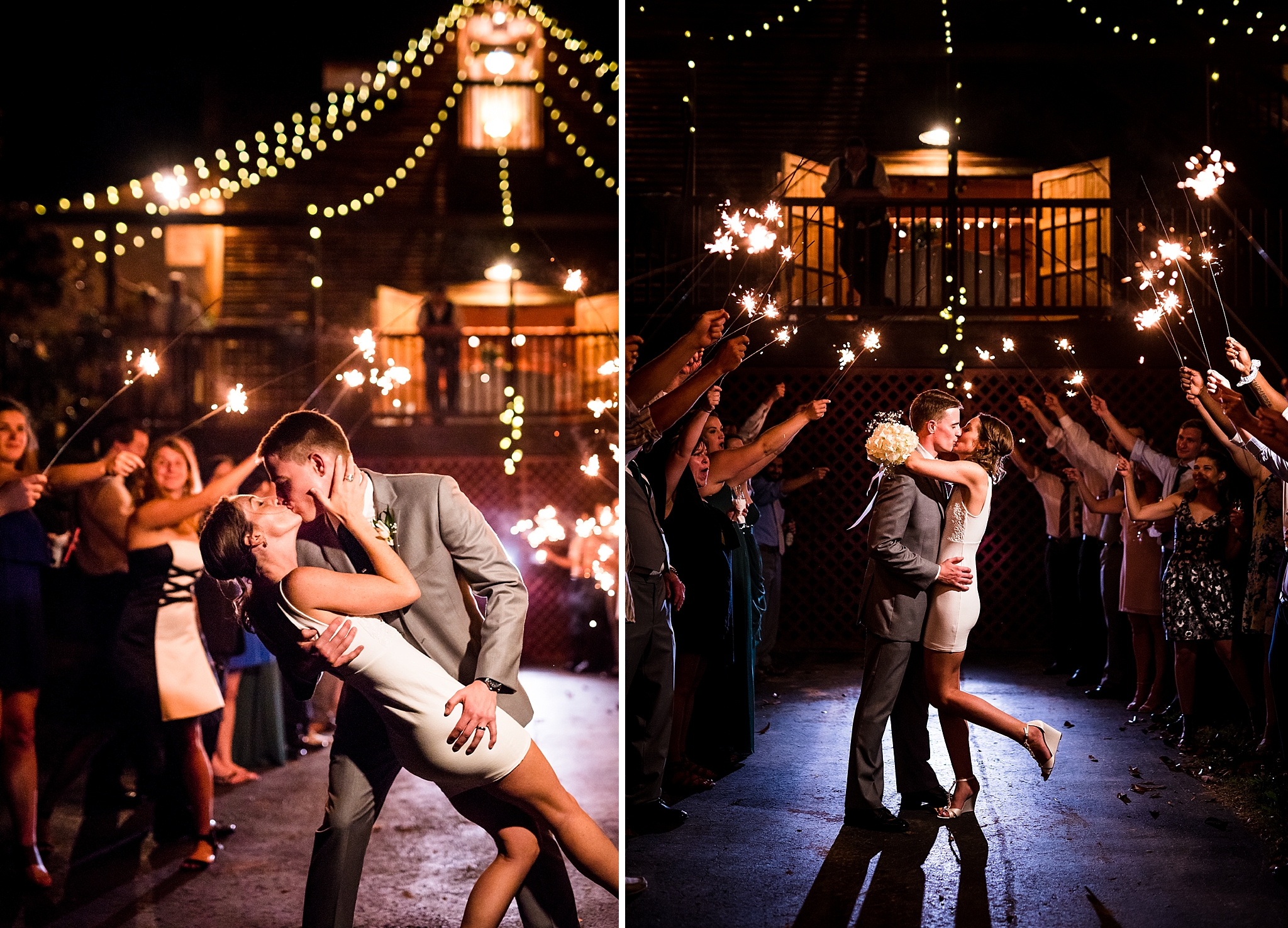 Bride and groom kiss in the middle of their sparkler exit at a Barn at Valhalla Wedding from Raleigh wedding photographers
