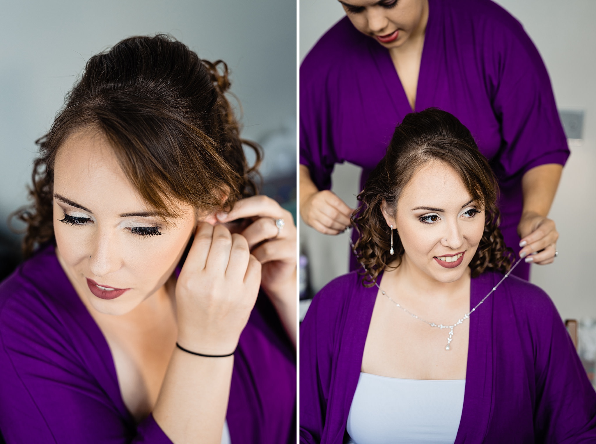 Bride gets ready in a purple robe at The Durham Hotel 