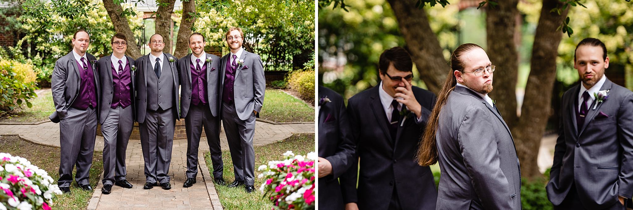 Groom and groomsmen in grey suits with purple vests and ties by Durham North Carolina Wedding Photographer