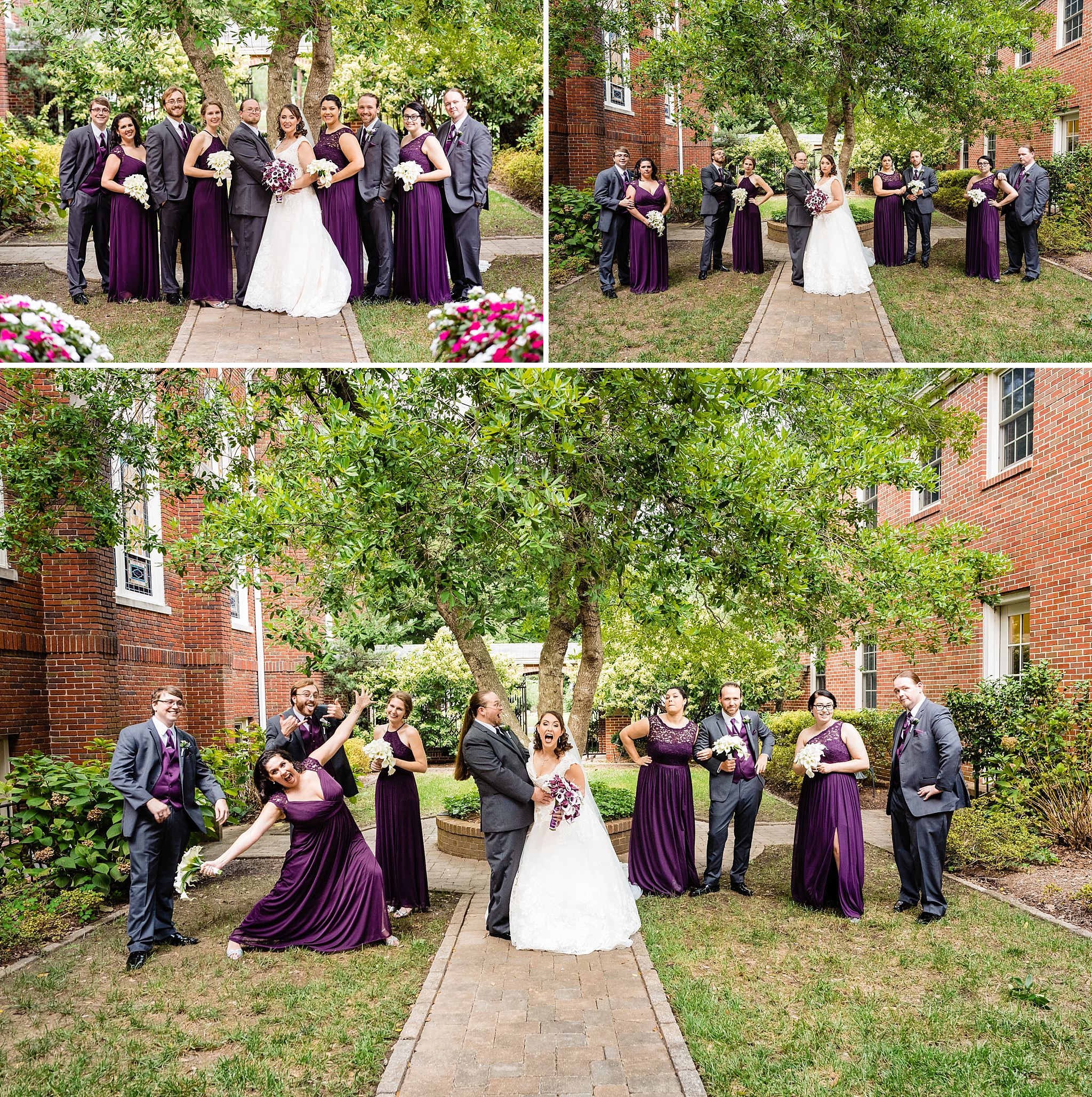 Wedding party in purple dresses and grey suits pose for portraits by Durham, NC Wedding photographer