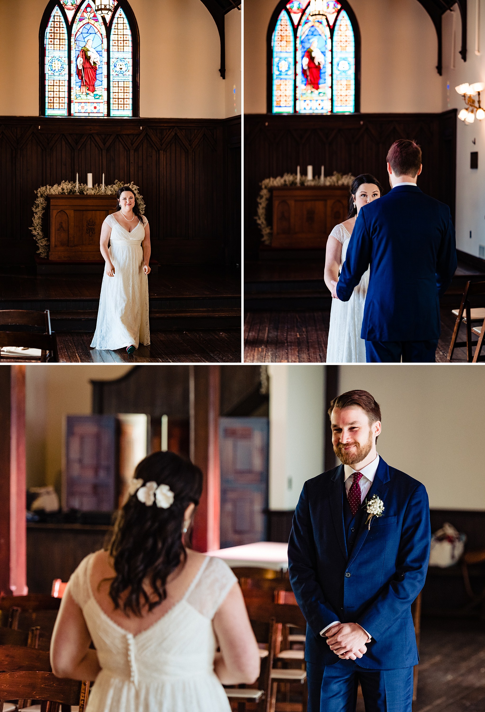 Bride and groom's first look at All Saints Chapel in downtown Raleigh