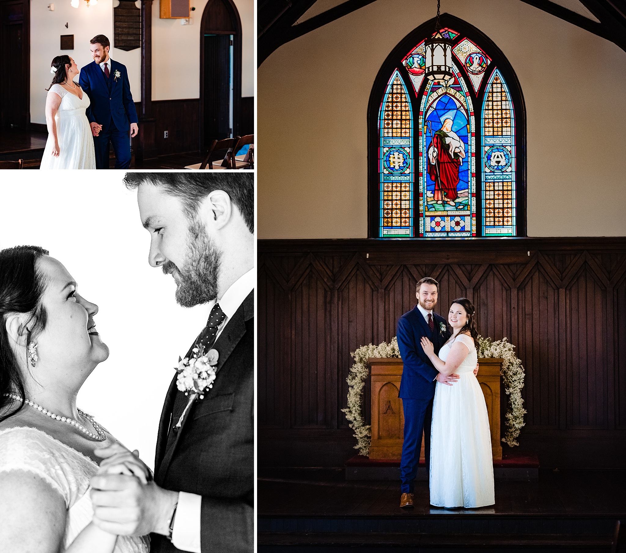 Bride and groom pose for portraits inside All Saints Chapel by Raleigh wedding photographers