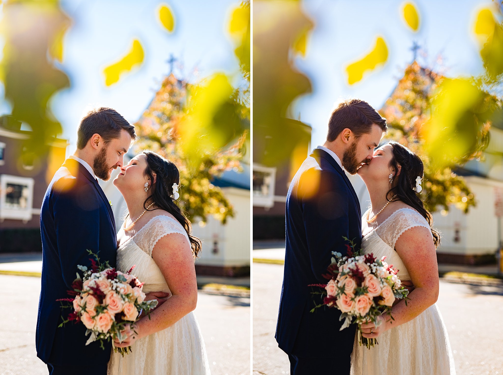 Bride and groom kiss outside of their All Saints Chapel Raleigh Wedding