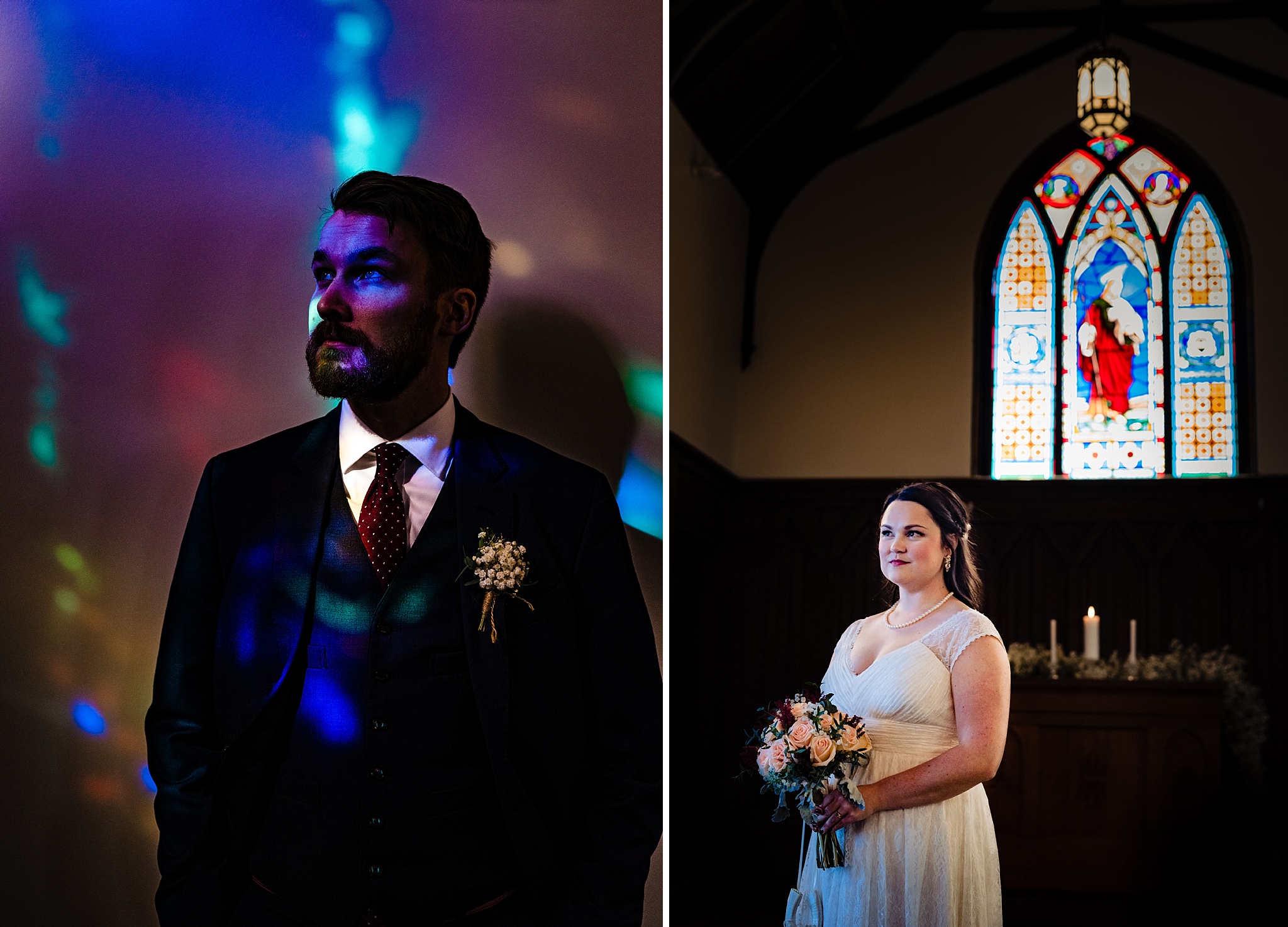 Portrait of the bride and groom with stained glass window lighting them at All Saints Chapel Raleigh Wedding