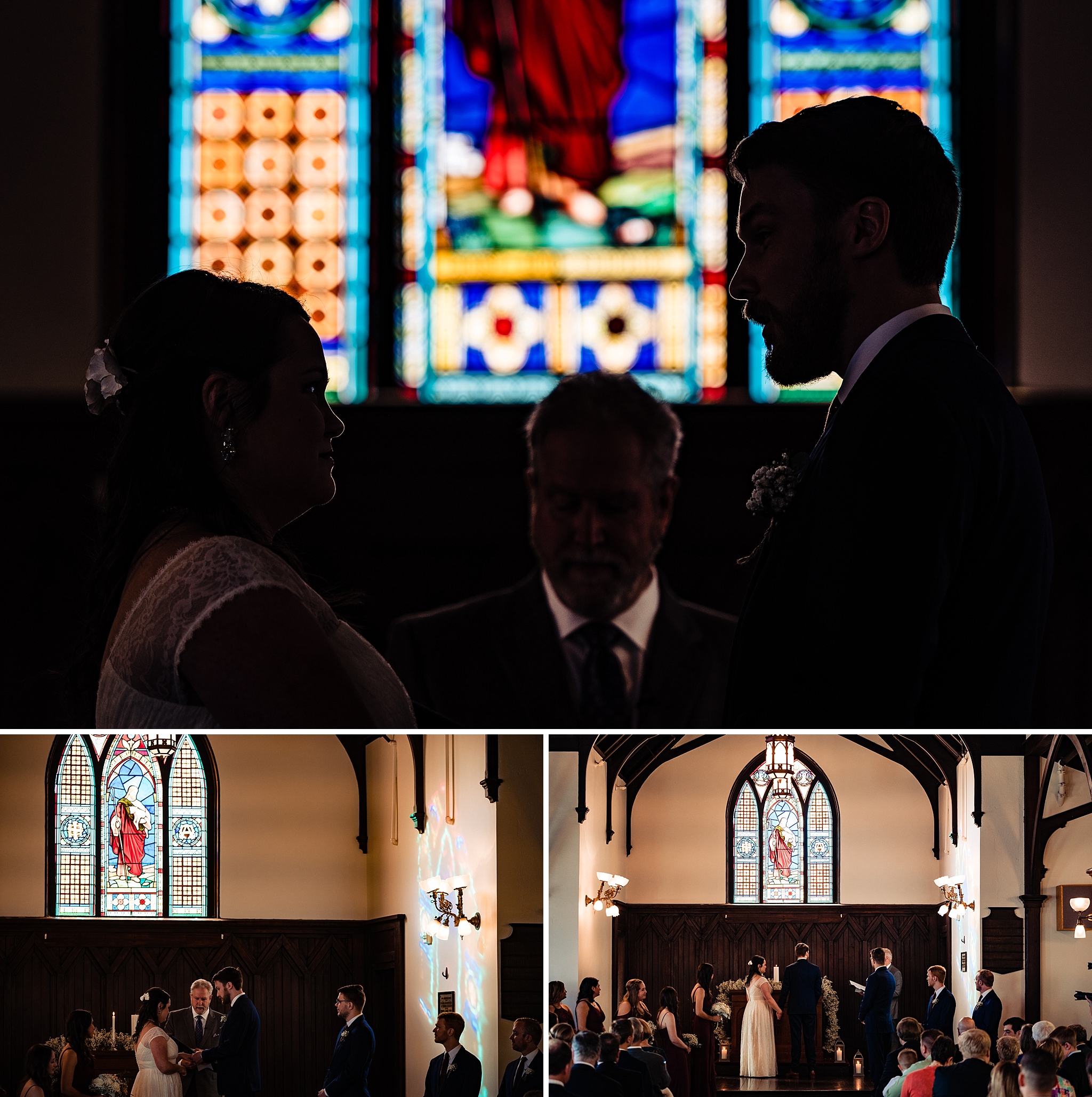 Bride and groom are silhouetted against the stained glass window at All Saints Chapel in Raleigh, NC
