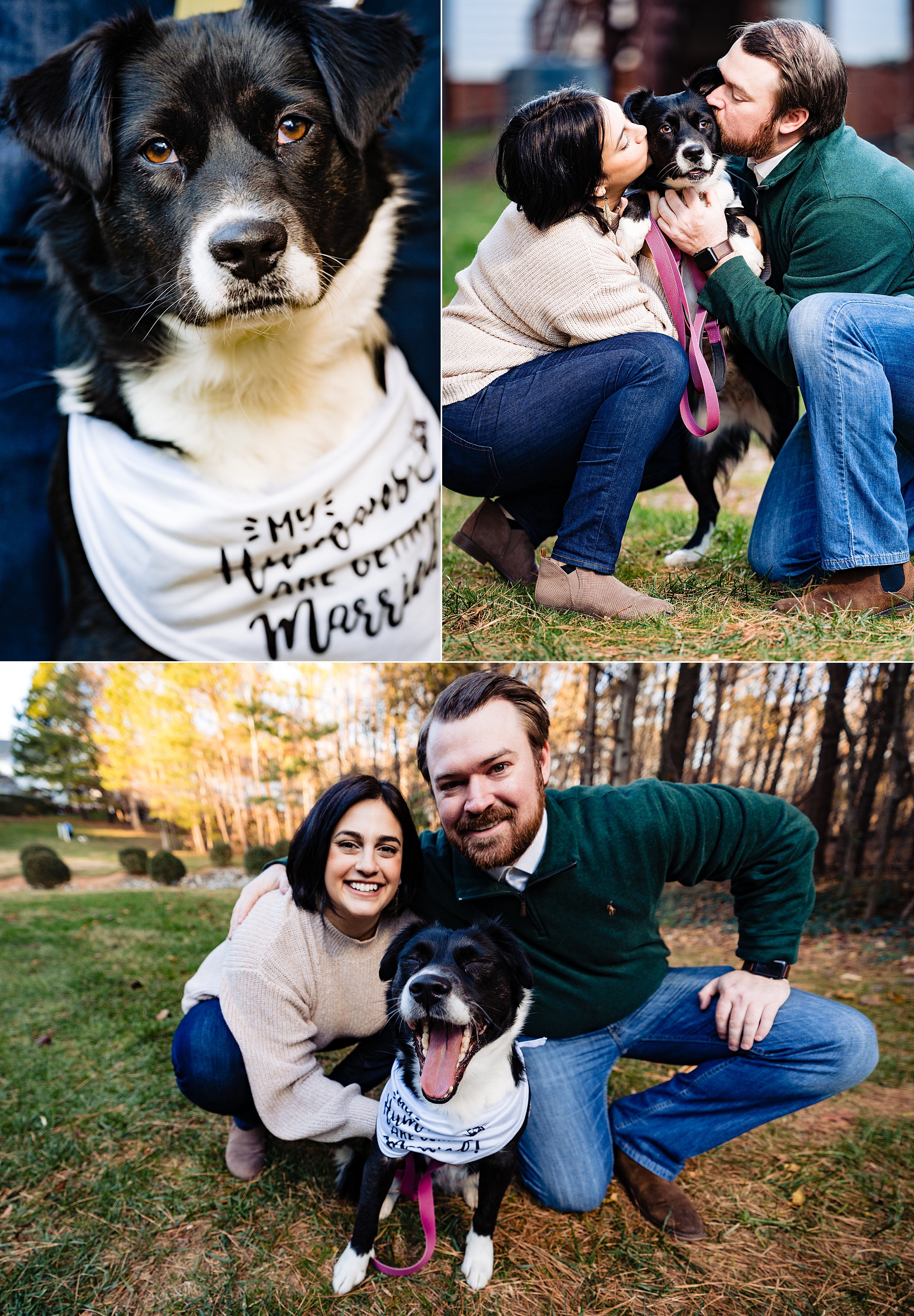 Couple poses with their black and white dog for engagement photos from Raleigh wedding photographers