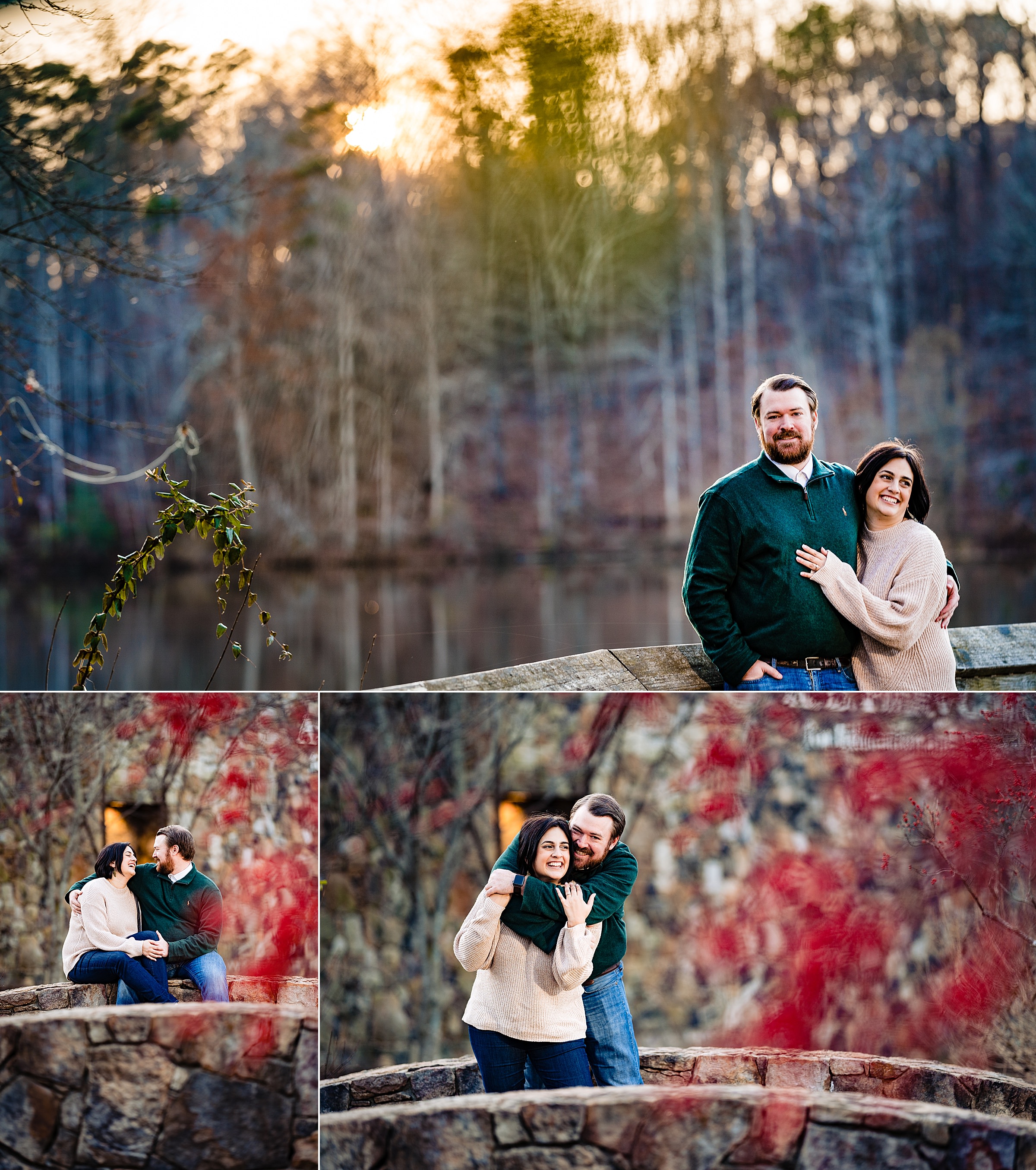 couple poses for engagement photos at Yates Mill Park from Raleigh wedding photographers