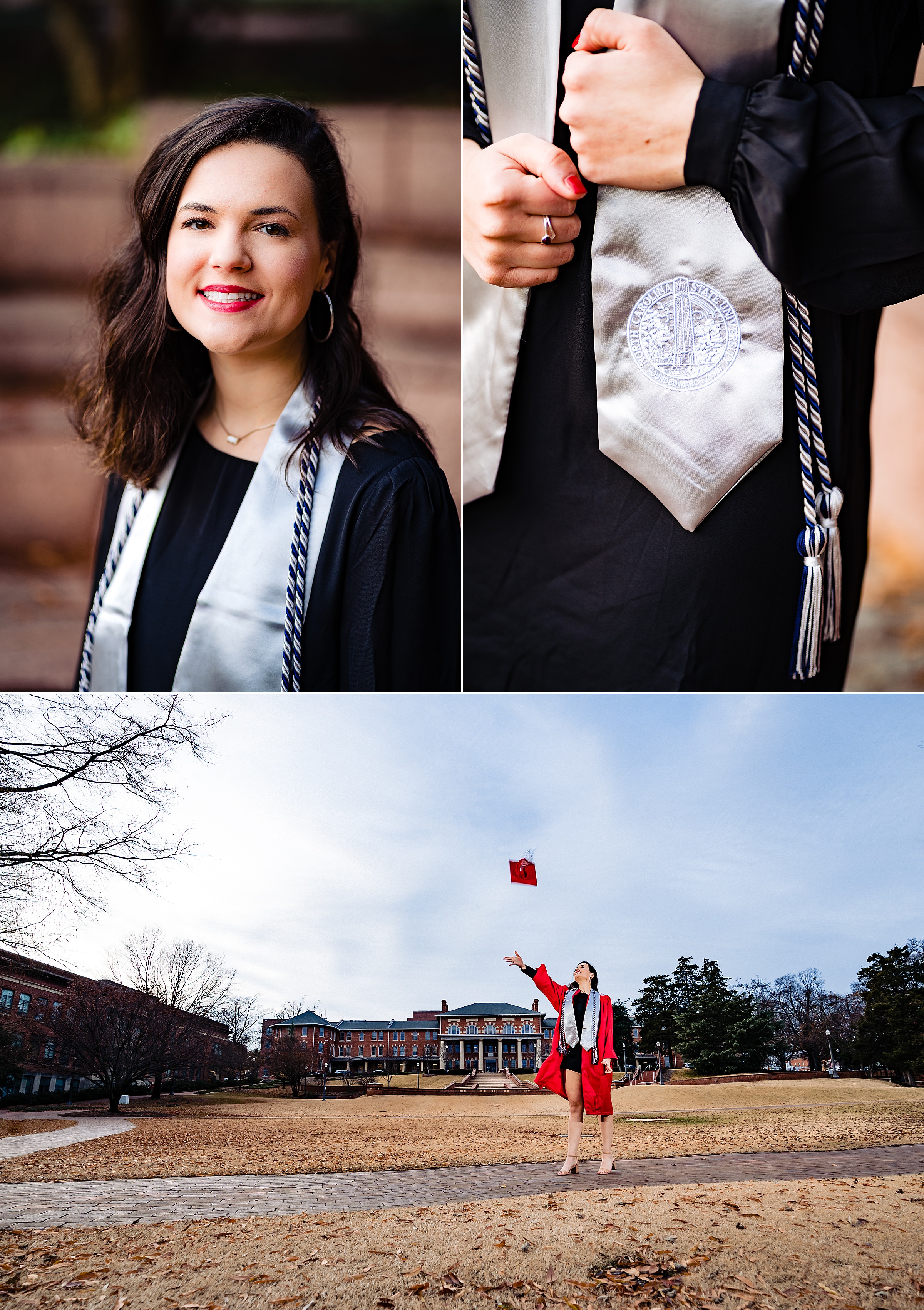 Collage of portraits of a female NC State Grad wearing a black dress with her graduation stole and red robe. In one photo she stands in the Court of Carolinas and tosses her red graduation cap | kivusandcamera.com