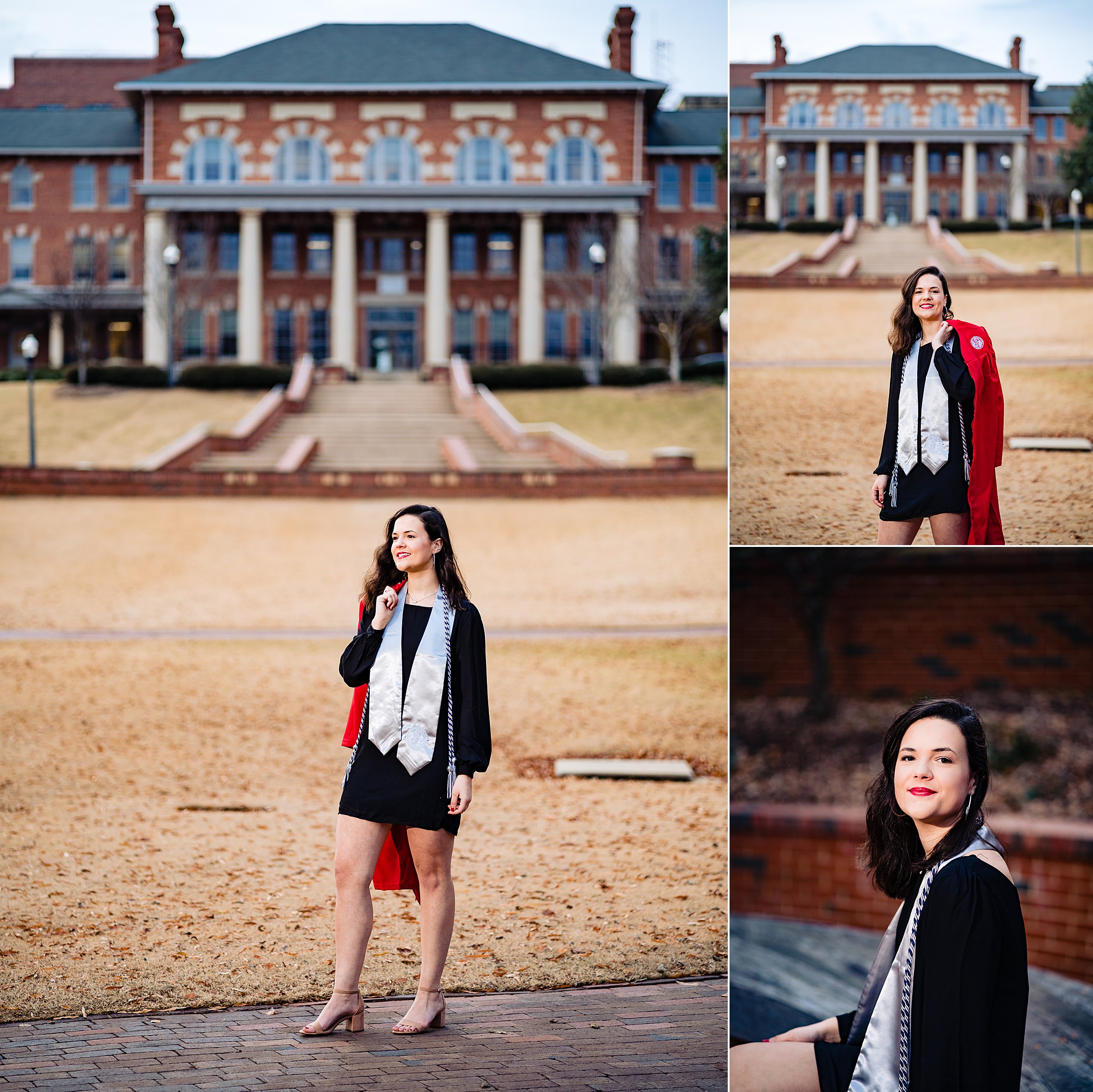 An NC State grad, class of 2019 poses for graduation portraits with her robe and stole in the center of the Court of Carolinas at NC State's Raleigh, North Carolina campus | kivusandcamera.com