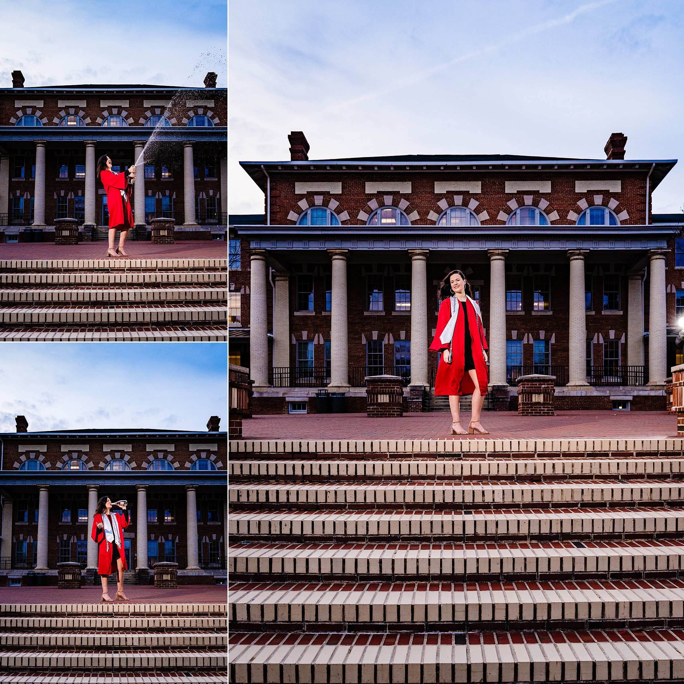 An NC State grad, class of 2019, pops champagne to celebrate during graduation portraits. She's wearing her red robe and standing at the top of the steps in front of the 1911 Building bordering the Court of Carolinas | kivusandcamera.com