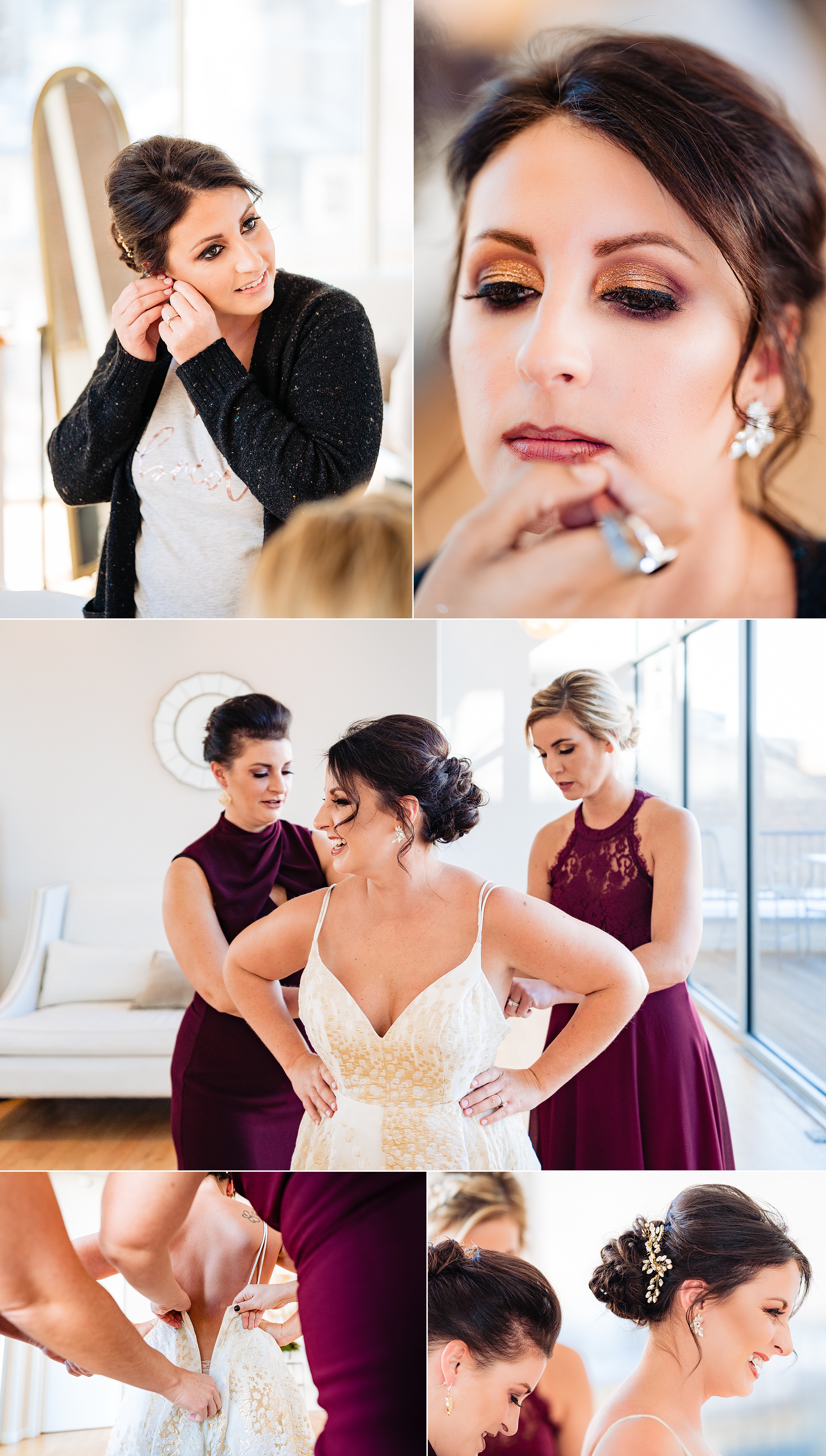 Collage of a bride getting ready for her wedding at the Stockroom in Raleigh: putting on jewelry, having her makeup done, her sisters in merlot bridesmaids dresses are helping her into her wedding dress | kivusandcamera.com