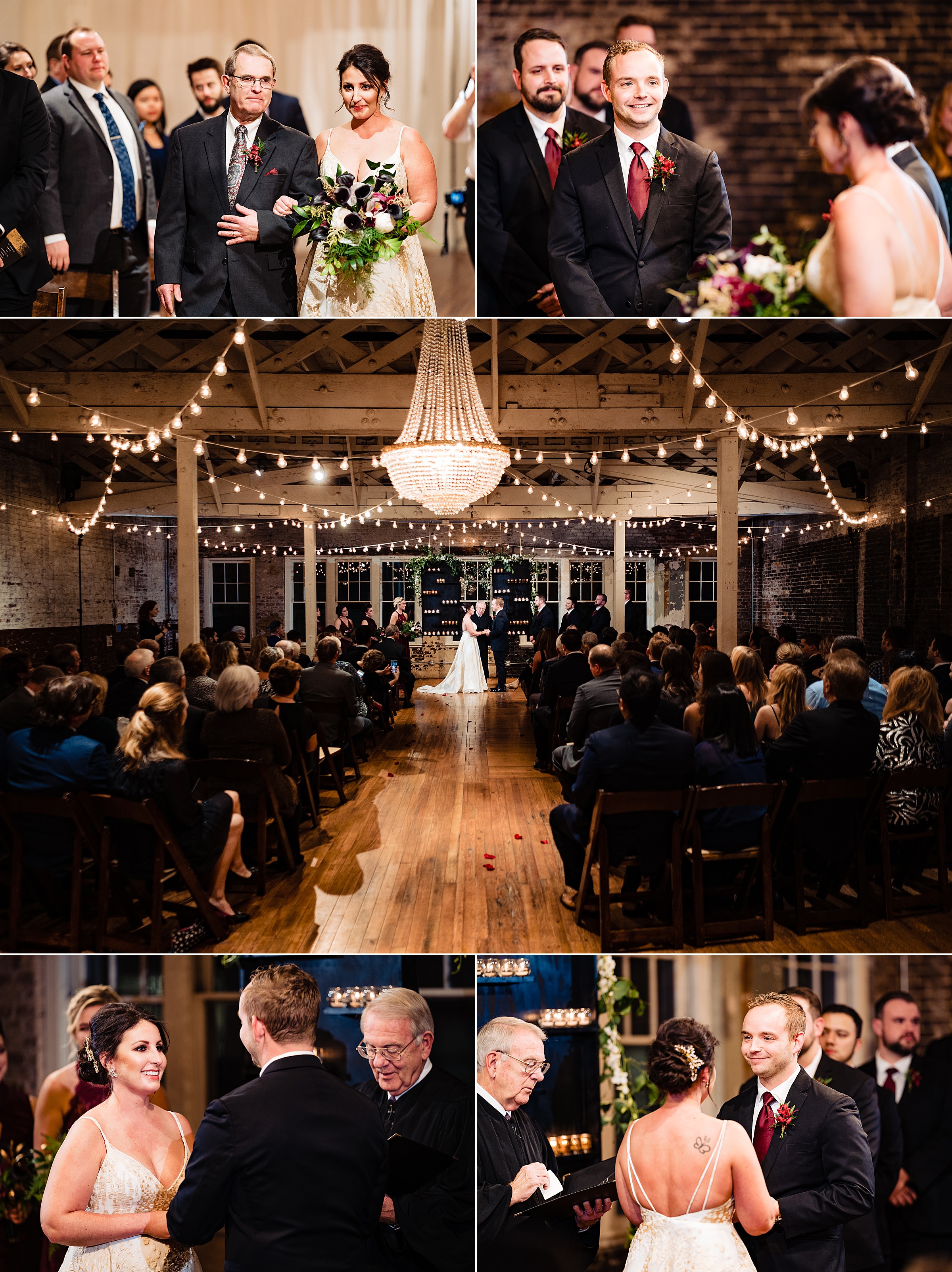 Collage of photos from a wedding at The Stockroom in downtown Raleigh. Photos include the bride and her father walking down the aisle, the groom's reaction, and the couple exchanging wedding vows. | kivusandcamera.com