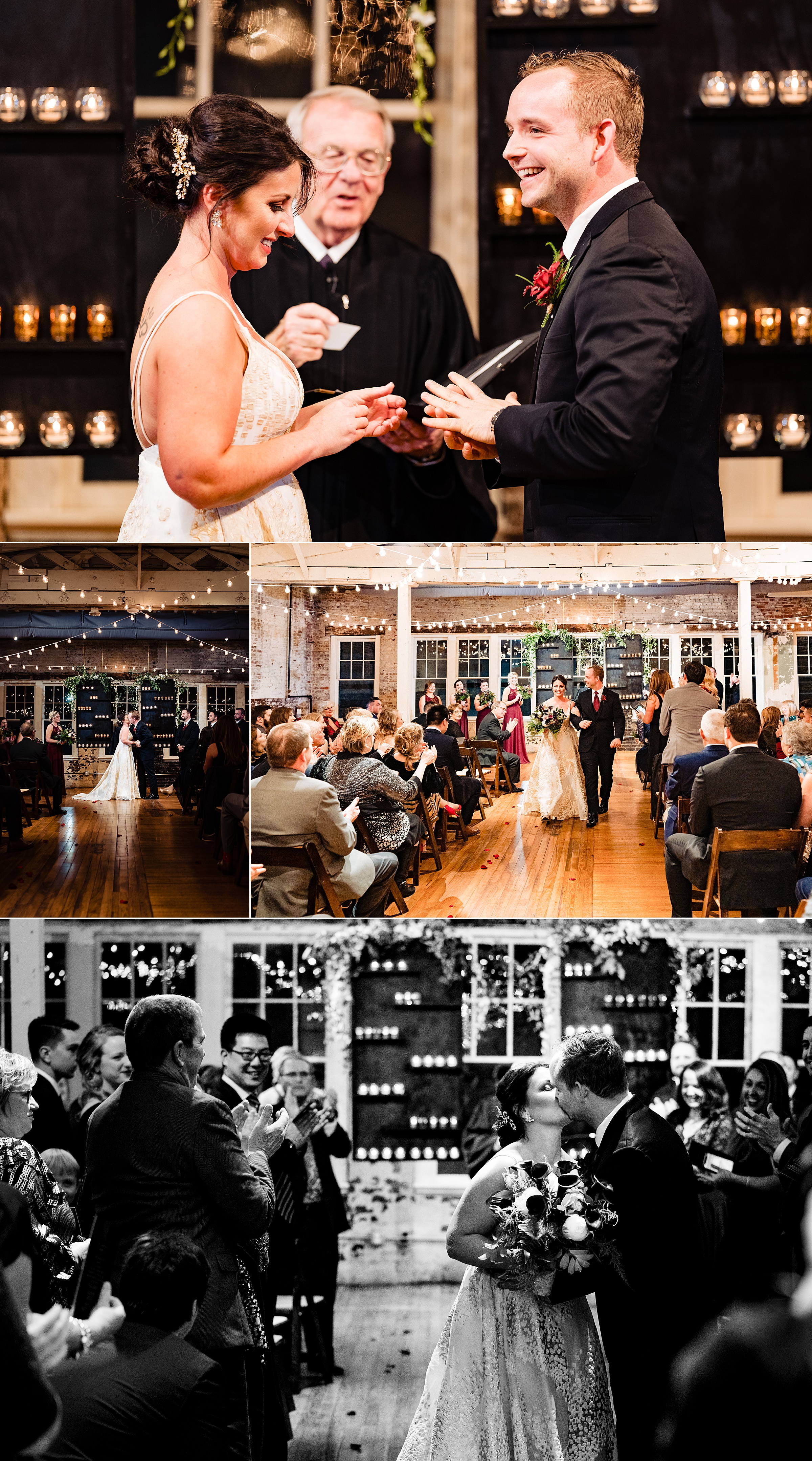 Photos from a wedding ceremony at the Stockroom in downtown Raleigh. Bride and groom laugh while exchanging vows, kiss, and recess down the aisle | kivusandcamera.com