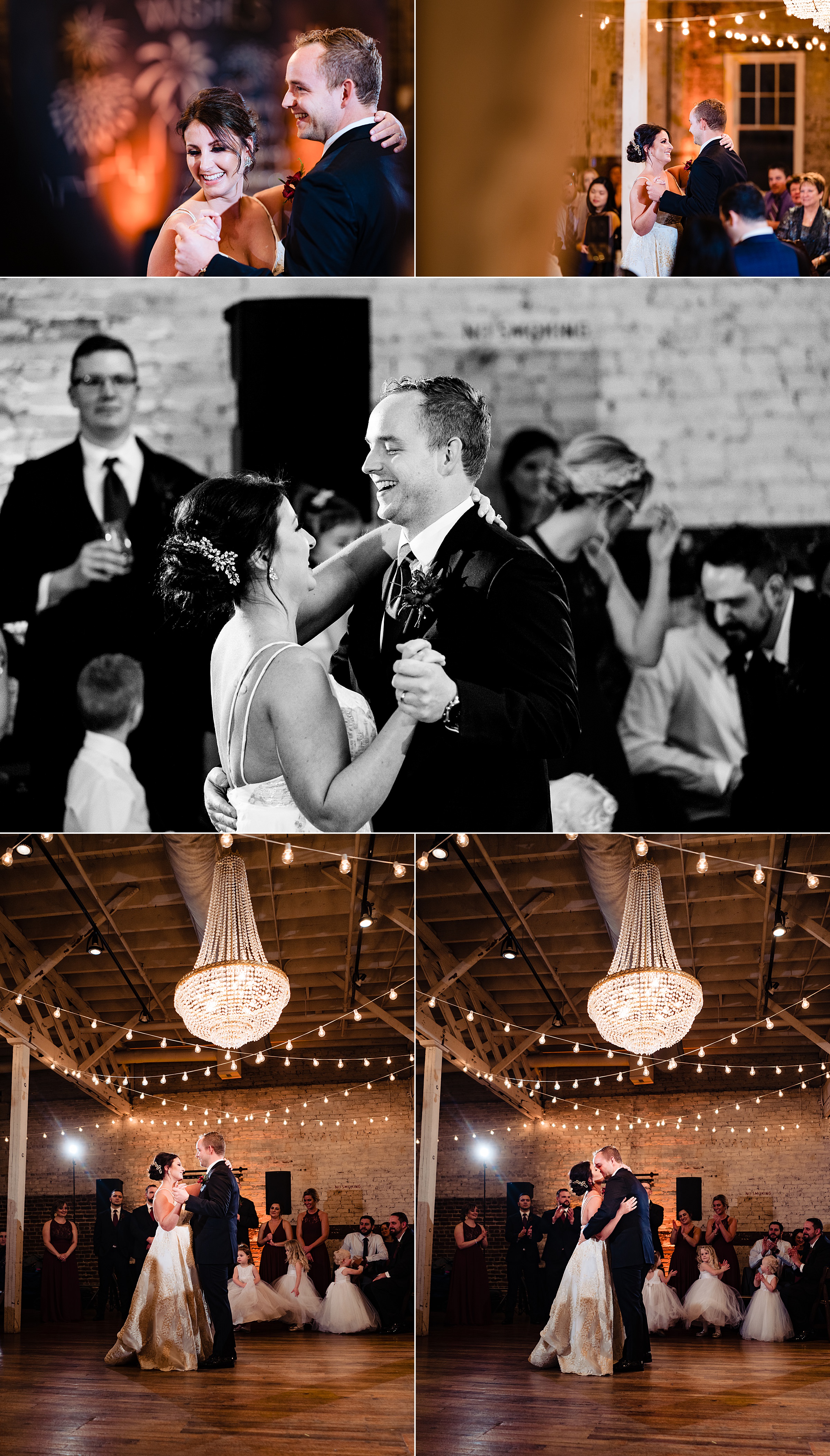 Collage of photos of a bride and groom during their first dance at The Stockroom in downtown Raleigh | kivusandcamera.com