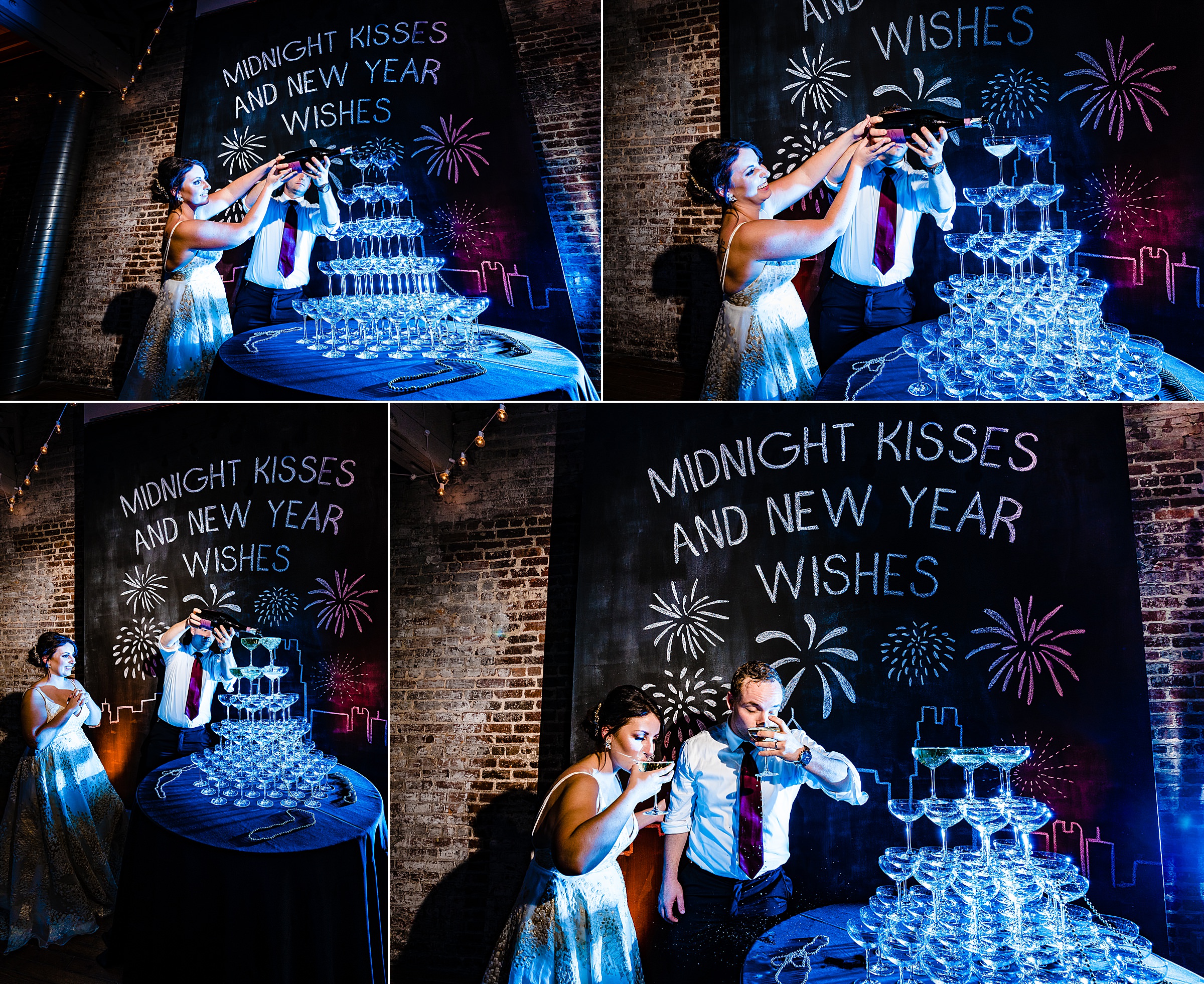 Bride and Groom pour champagne into a tower of glasses at The Stockroom, by Raleigh wedding photographers