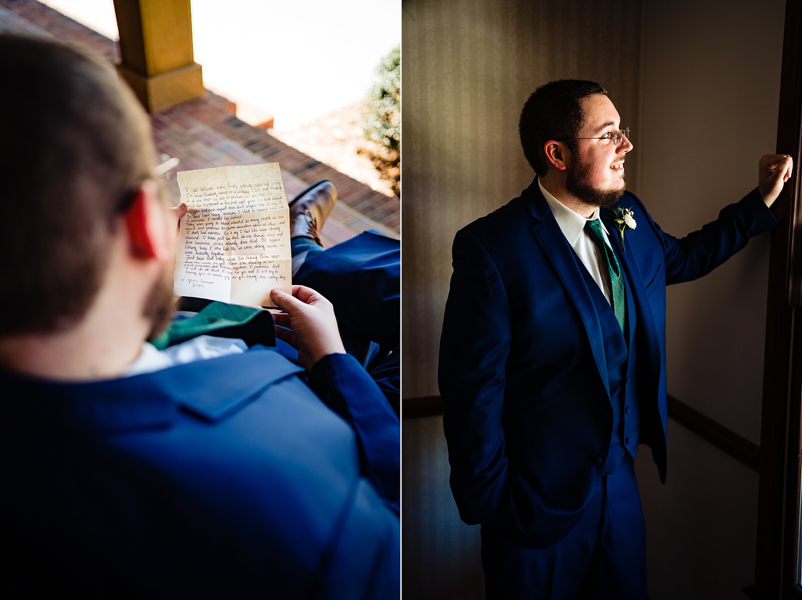 Groom reads a letter from his bride the morning of their wedding at The Meadows Raleigh