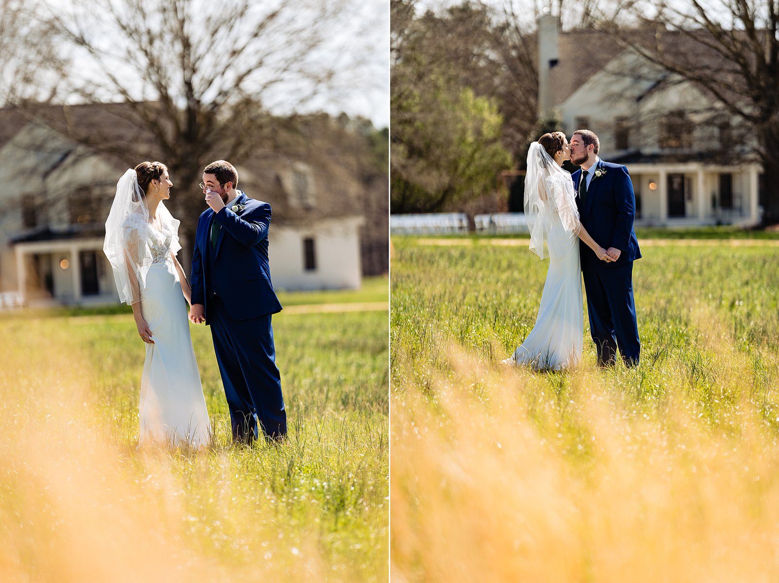 Bride and groom share a first look at The Meadows Raleigh from Raleigh wedding photographers