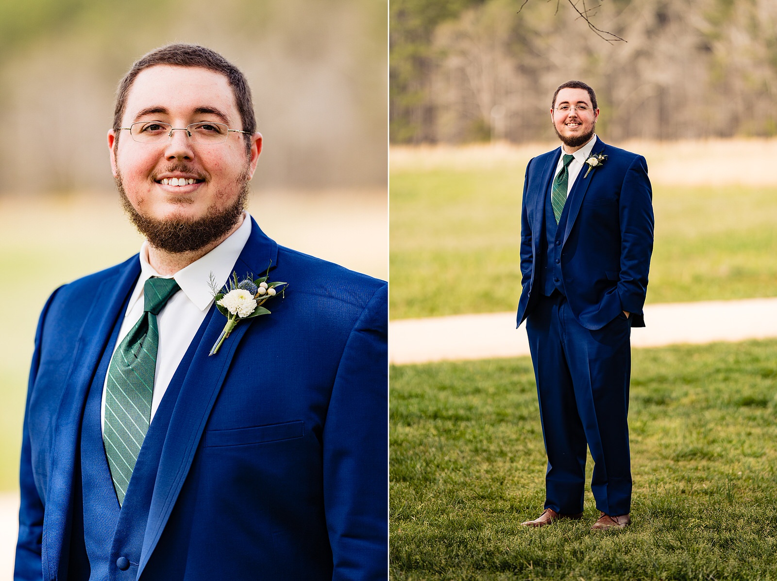 Portraits of a groom in a blue suit at The Meadows Raleigh by Raleigh wedding photographers