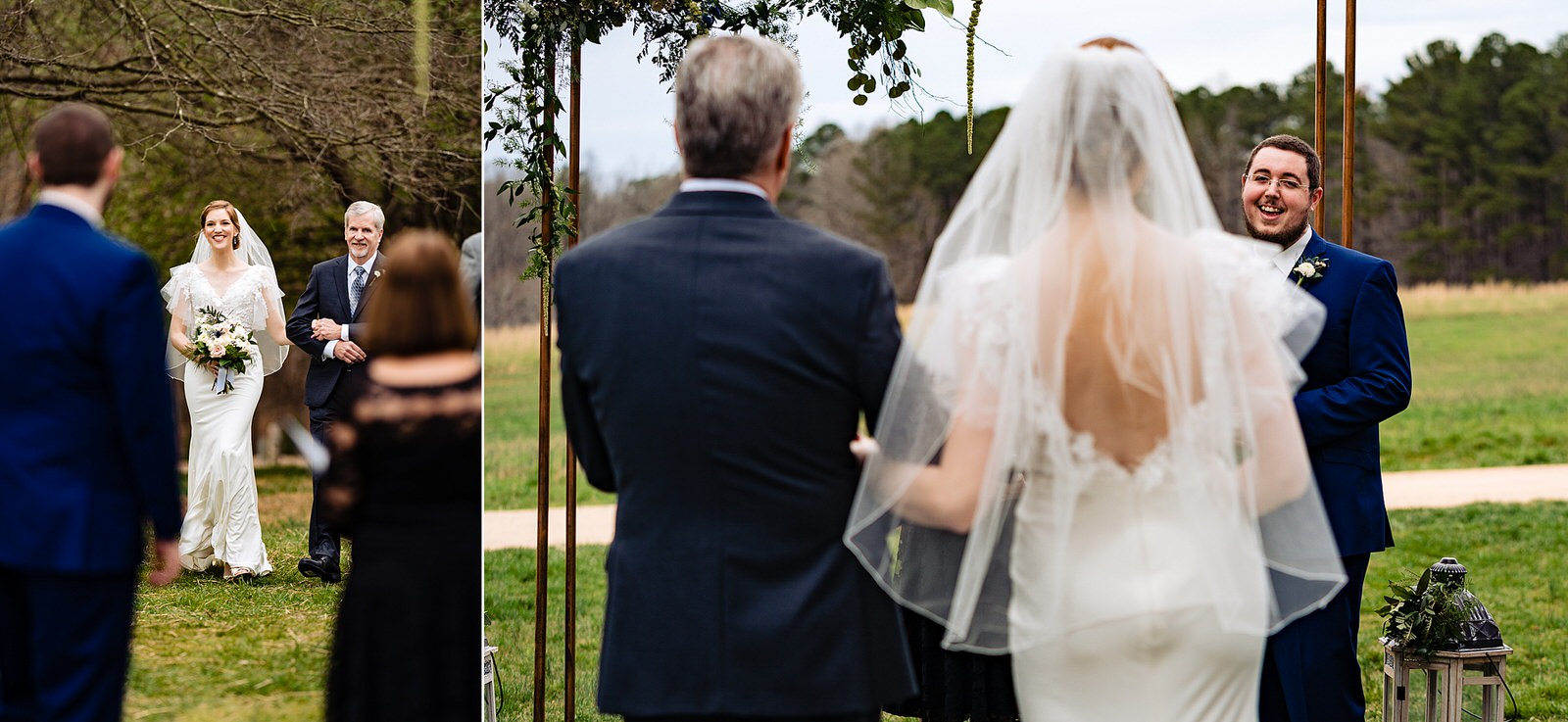 Bride and her father walk down the aisle at an outdoor wedding ceremony at The Meadows Raleigh