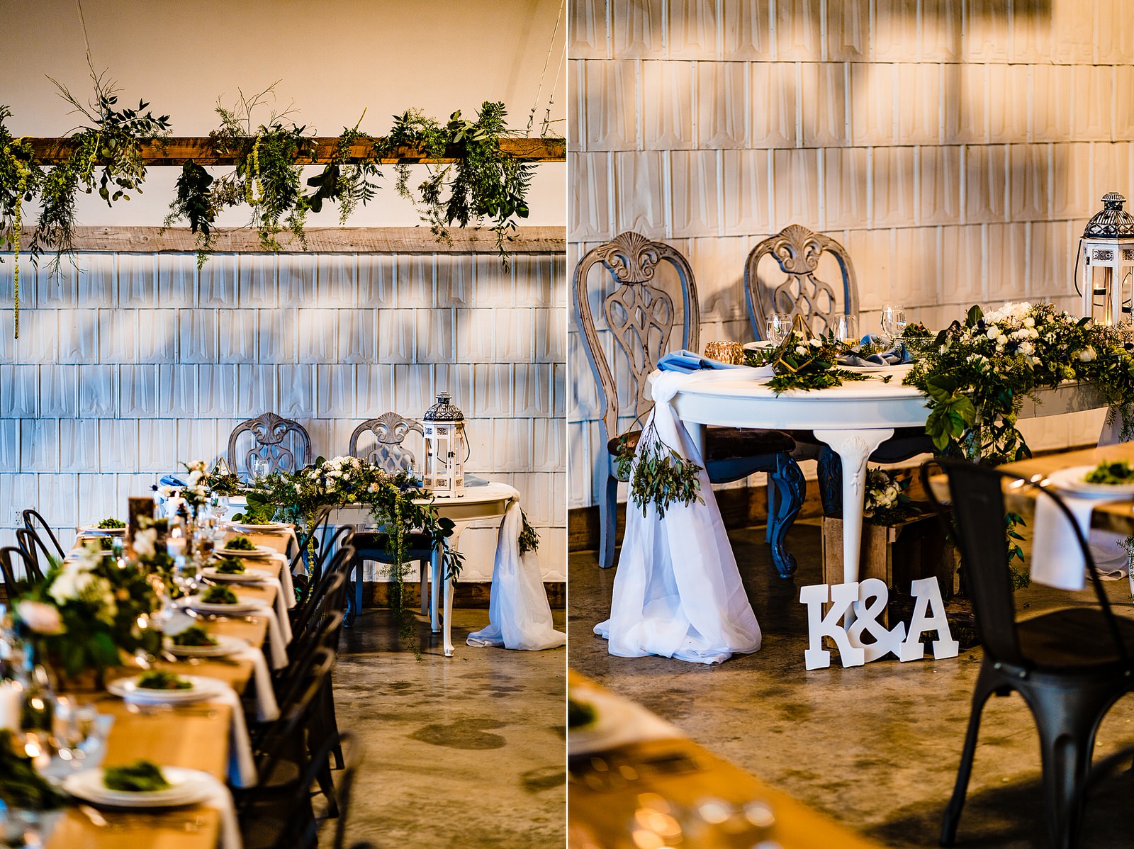Green and white decor at The Meadows Raleigh wedding reception by Raleigh wedding photographers