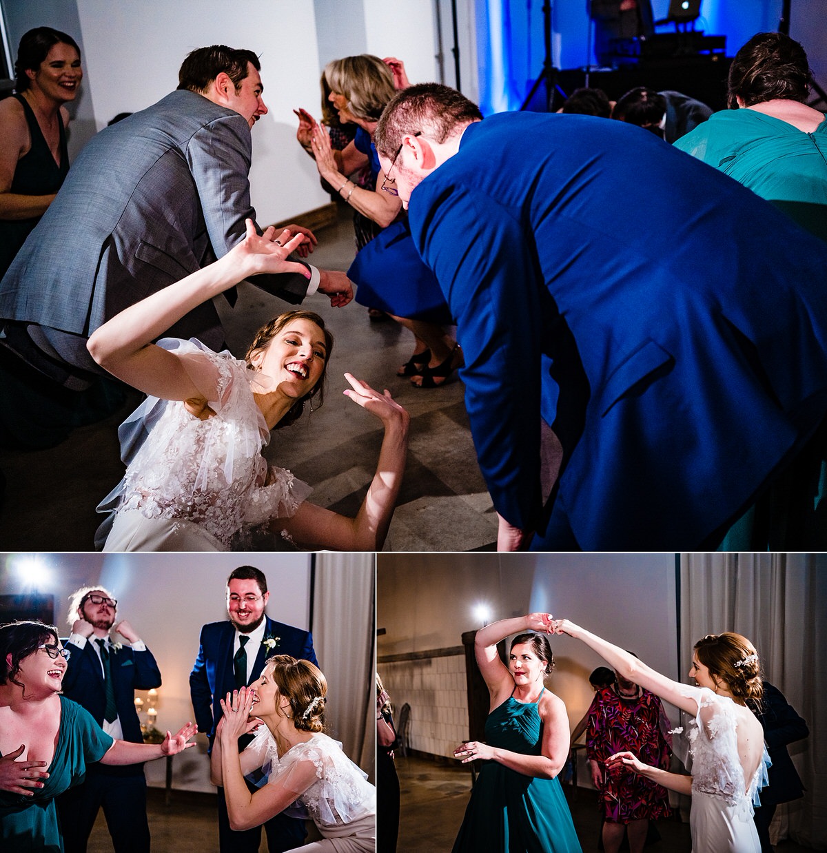 Fun wedding reception at The Meadows Raleigh by Raleigh wedding photographers