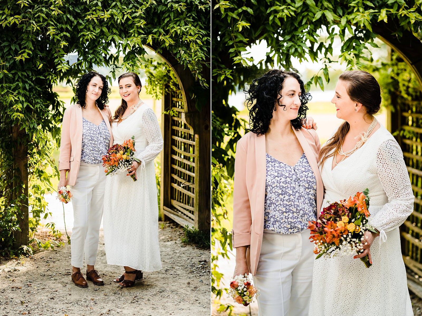 two brides smile on the day of their same-sex elopement in Raleigh, NC. One bride wears a long white dress, the other wears white pants, and a pink blazer.