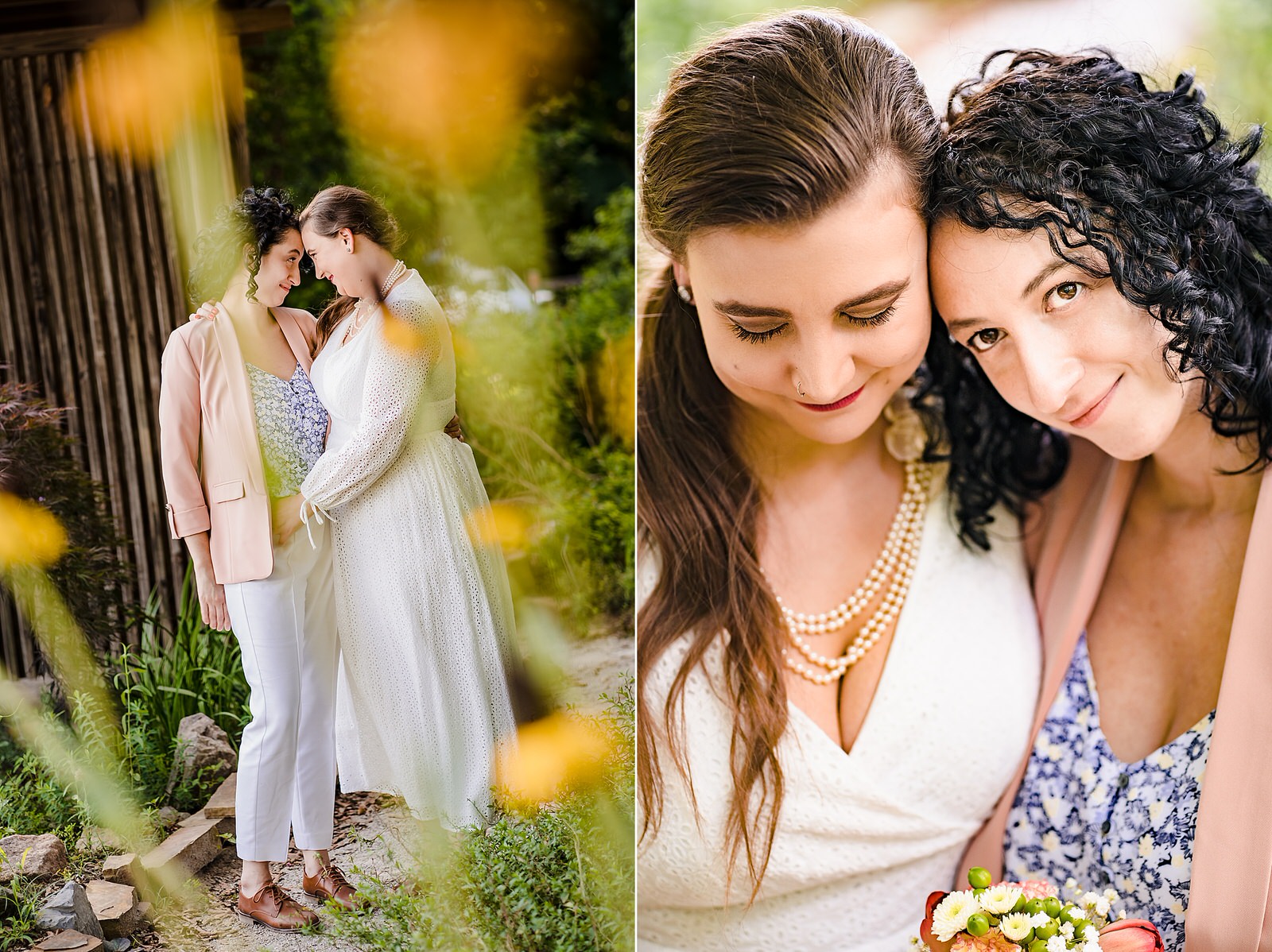 At a same-sex elopement, two brides hug one another