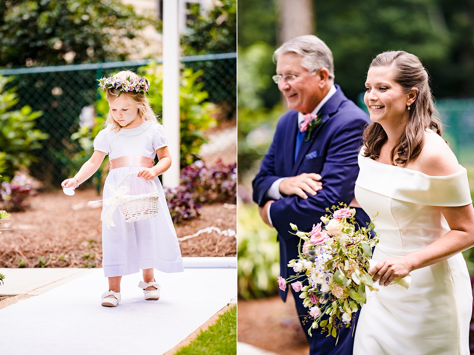 Flower girl walks down the aisle dropping rose petals. She is followed by the bride and the father of the bride