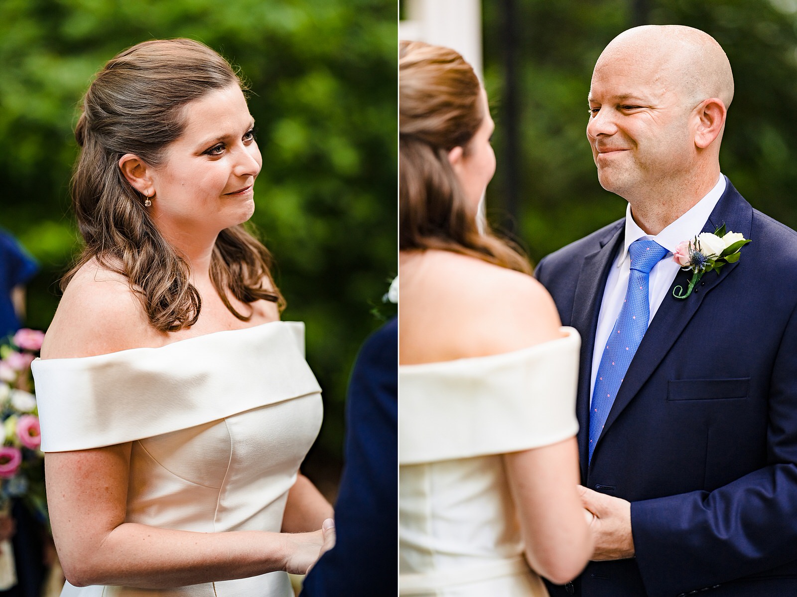 Bride and groom look at one another while they exchange vows during their micro-wedding