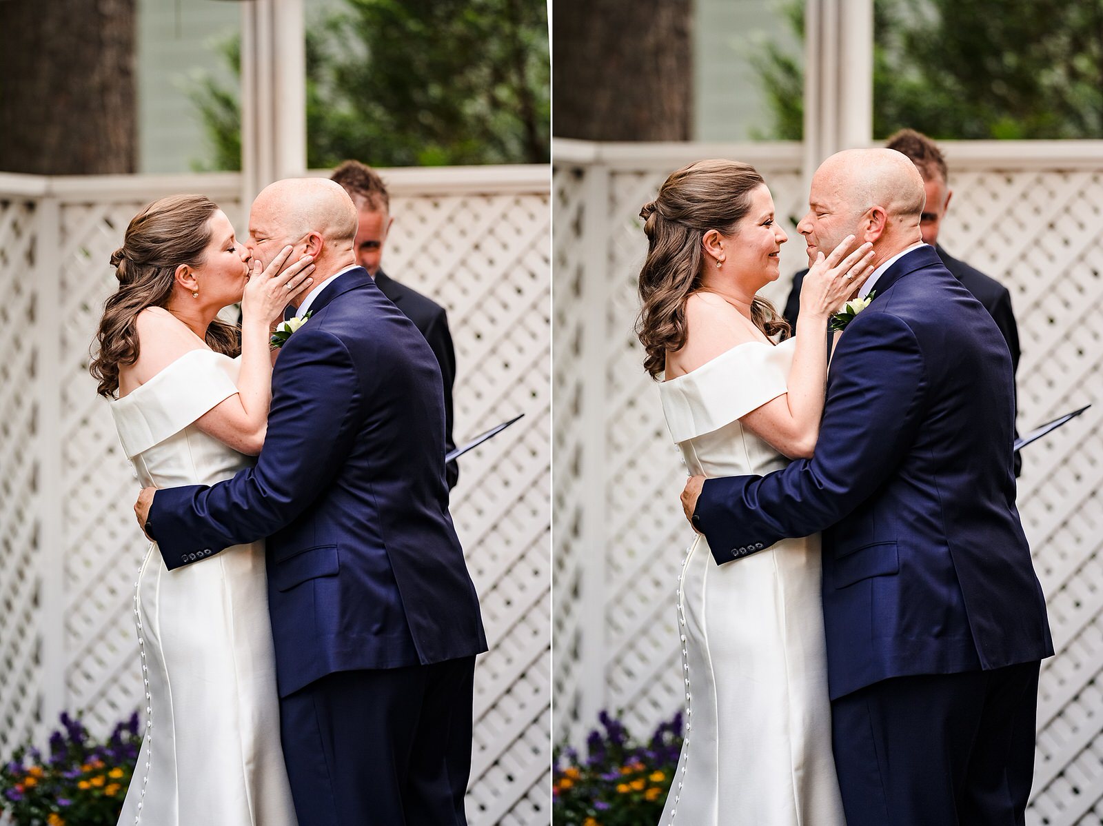 Bride and groom share their first kiss at the end of their wedding ceremony in a Raleigh backyard