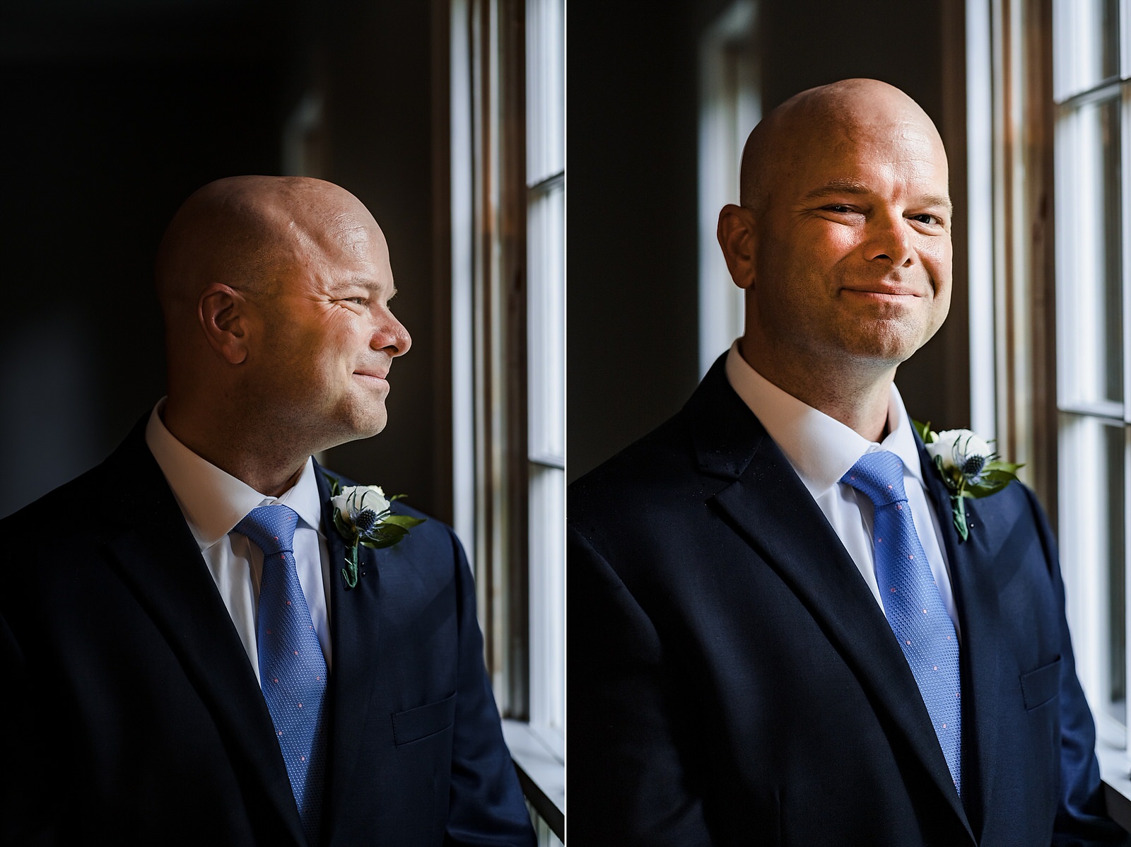 Groom looks out the window on his wedding day