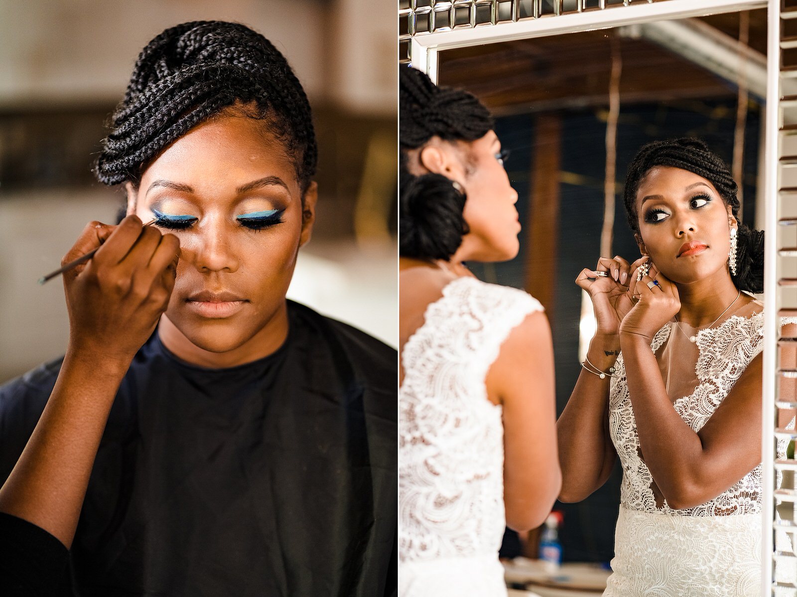 Sharon Davis Makeup Artistry does the makeup for a bride during a styled shoot at Lucky Strike Suite