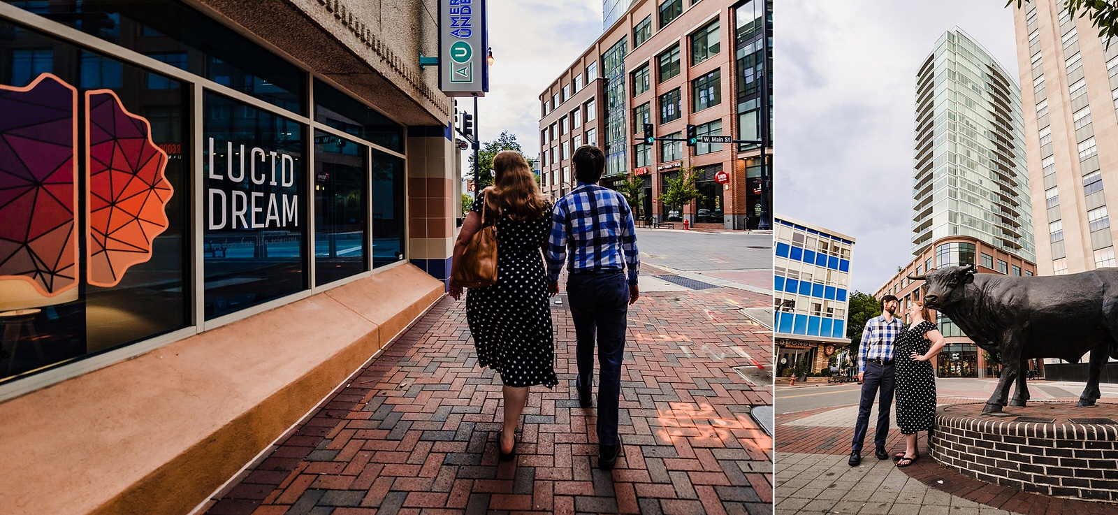 Engagement photos in downtown Durham with Major the Bull