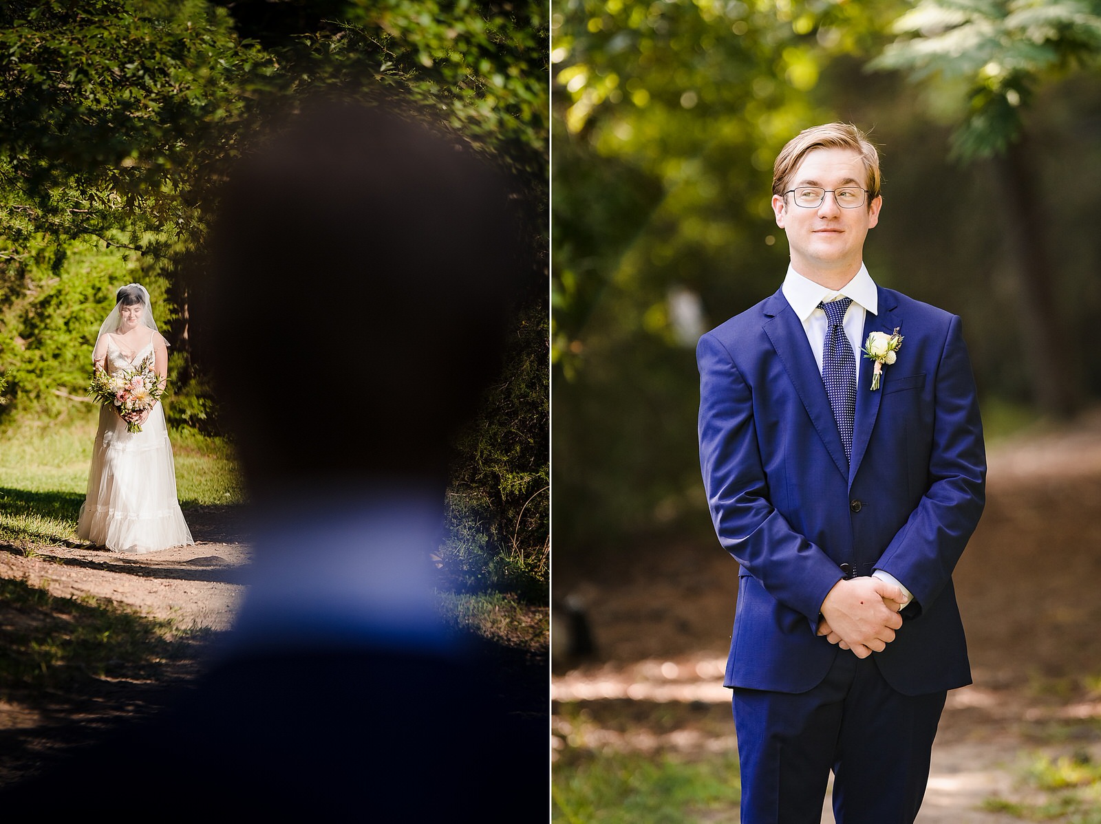 Bride and groom see one another for the first time on their wedding day