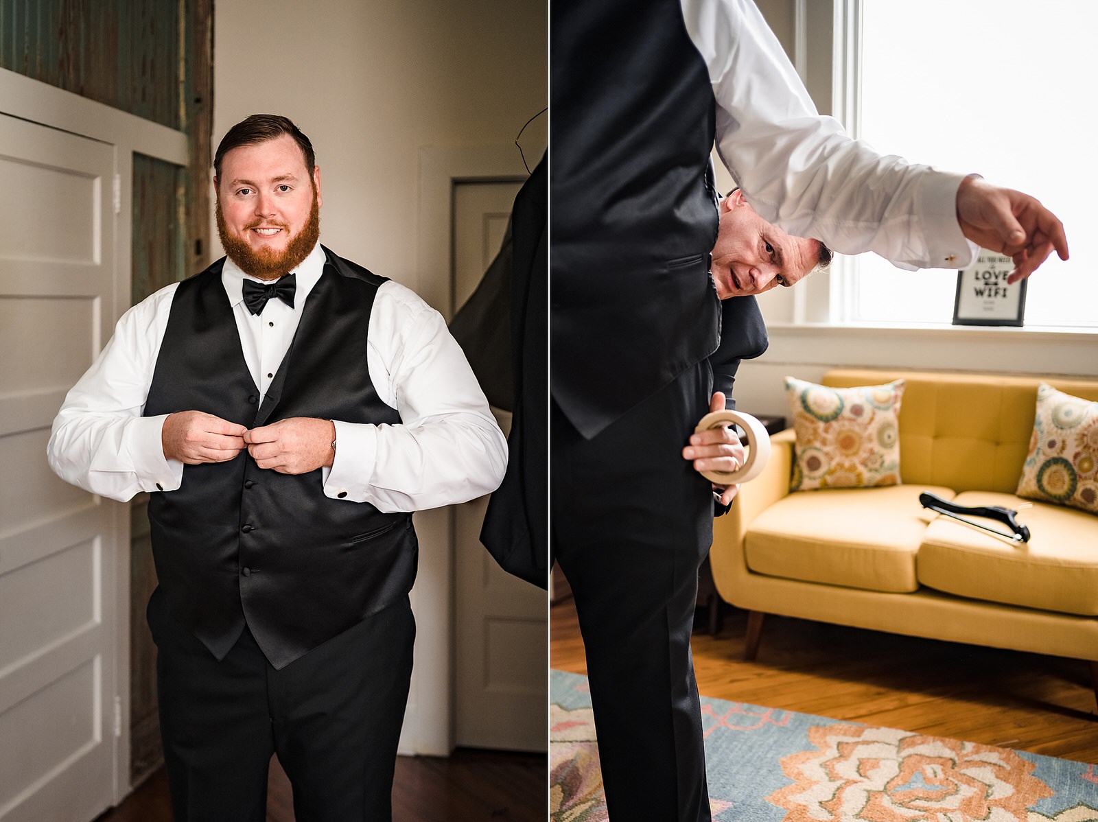 Groom finishes getting ready before the wedding