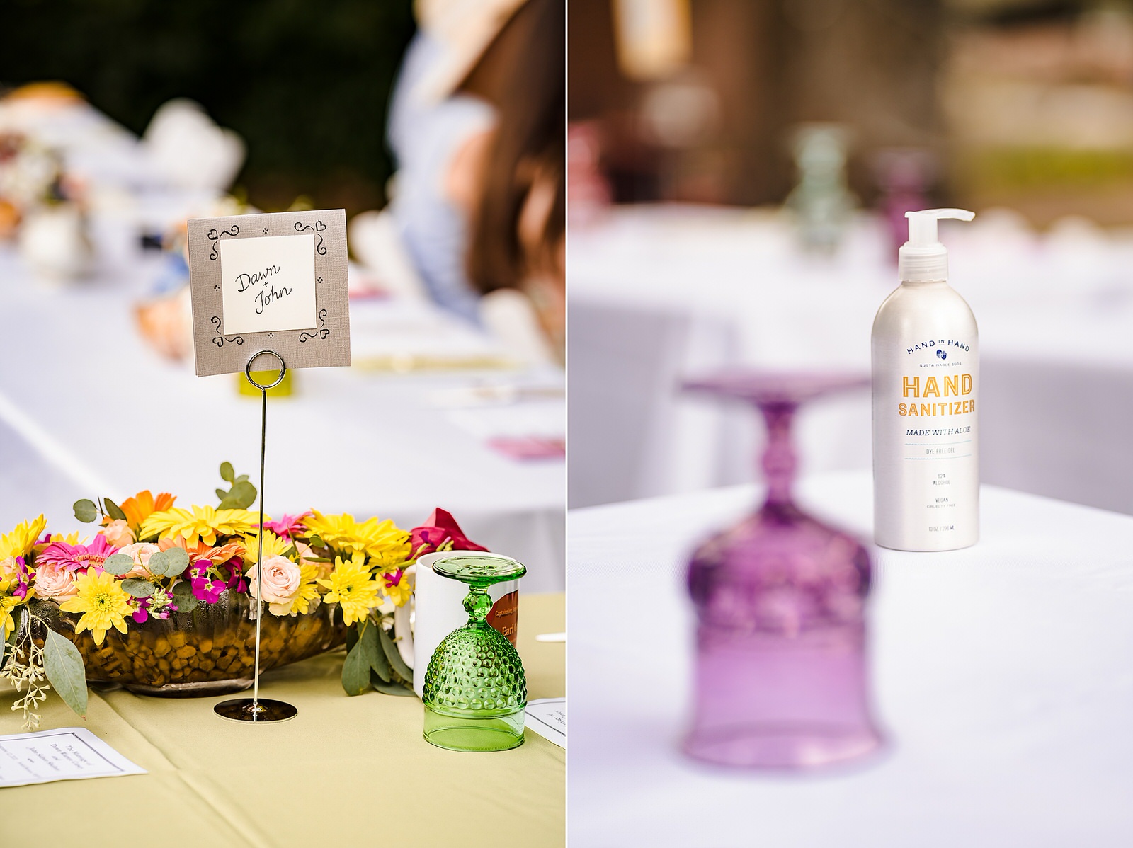 Wedding reception table set with vintage glassware and colorful signage