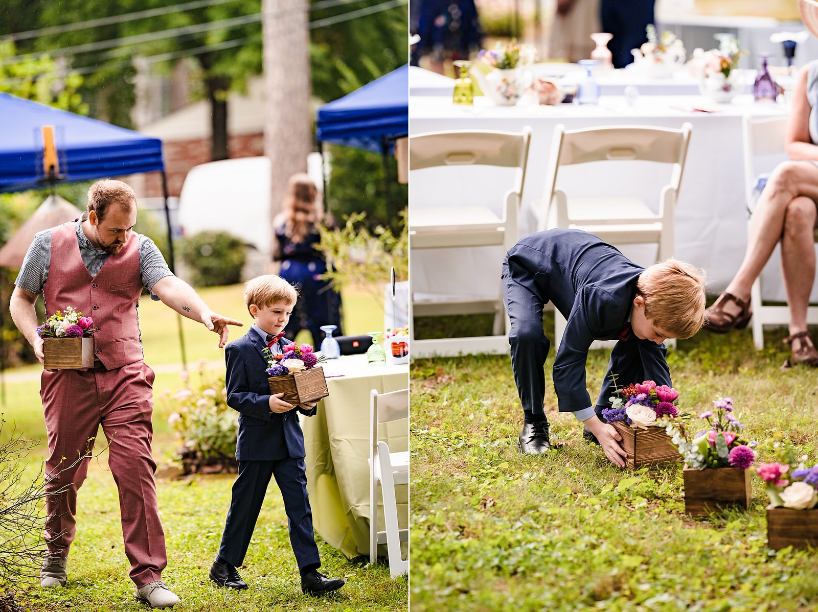 Relatives of the groom bring flowers in to line the aisle for a casual backyard wedding ceremony