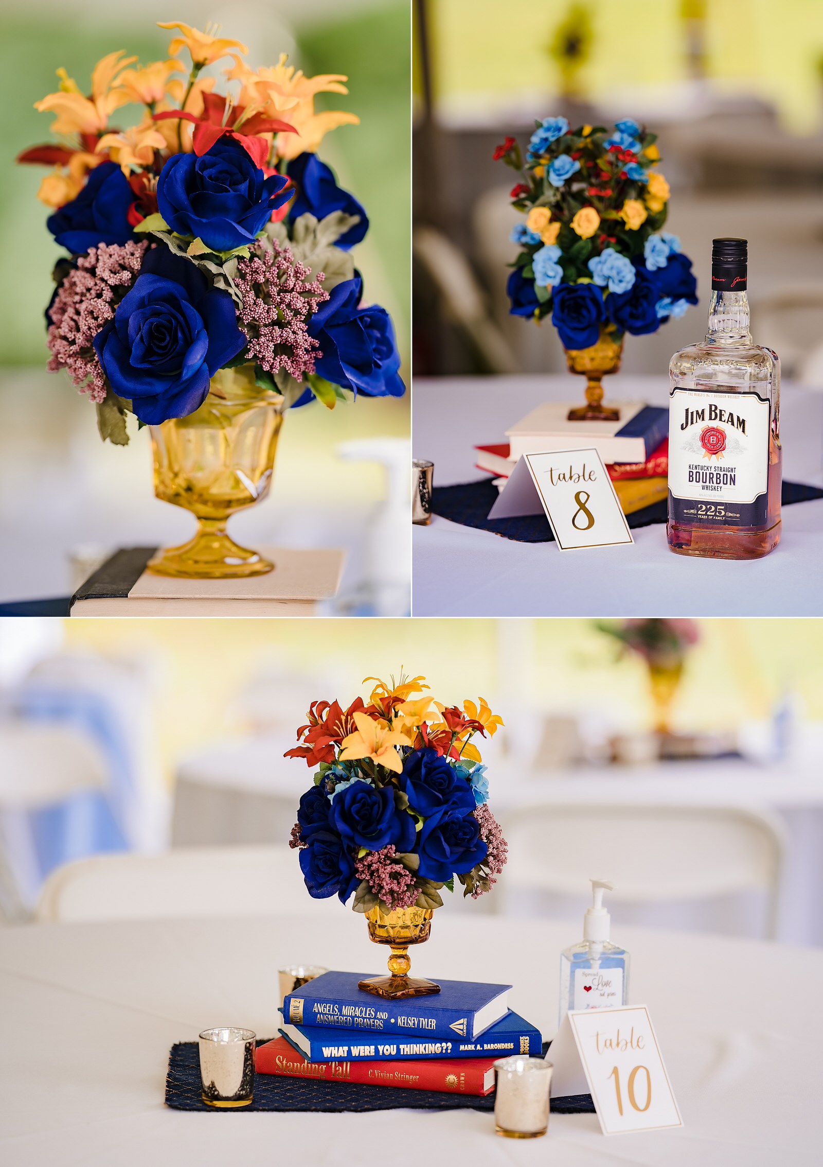 Farm wedding reception decor: books, silk flowers, and hand sanitizer, because Covid